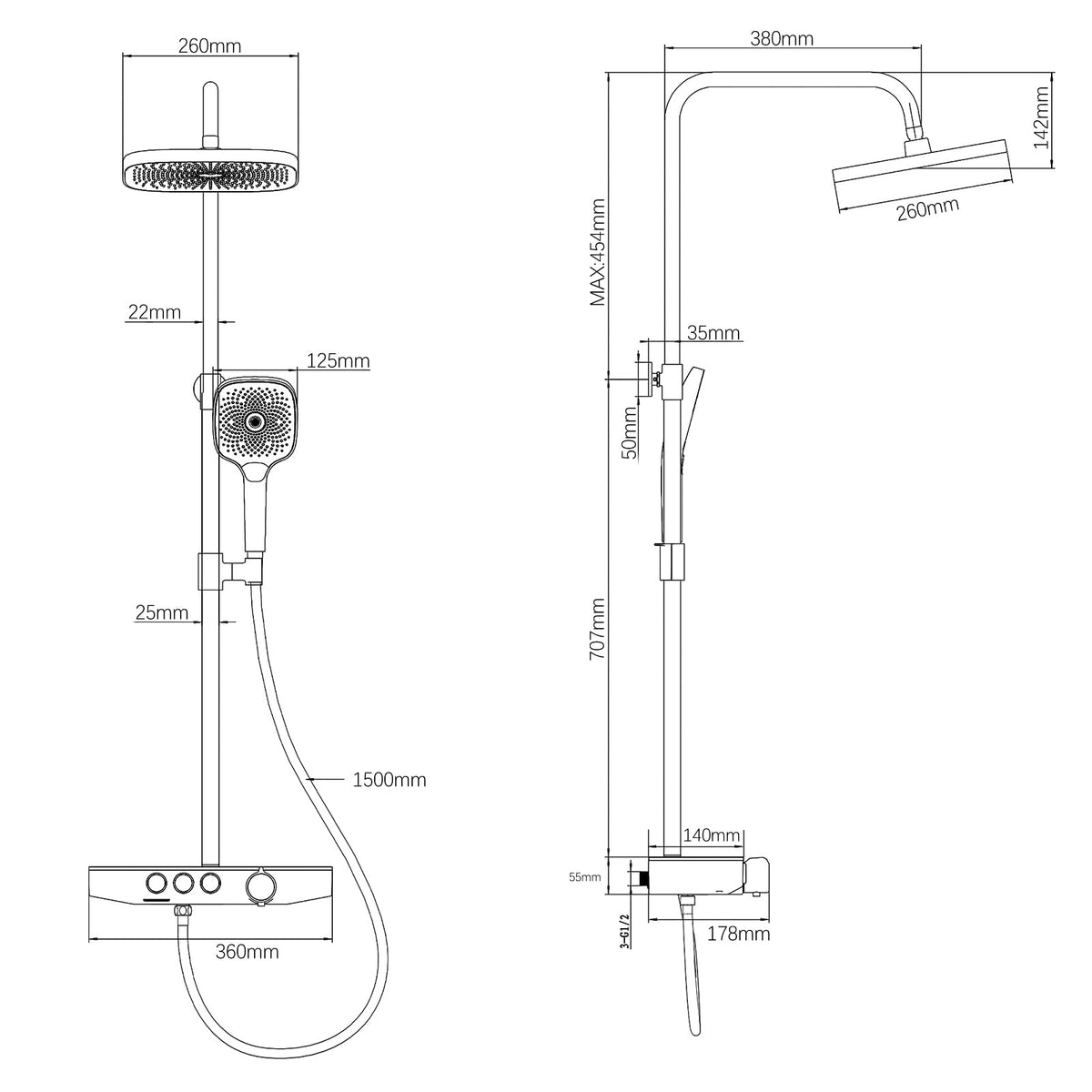 Rainsworth Shower System With Thermostat and Glass Shelf - Black Complete Set With Rain Shower 26 x 26 cm, Hand Shower 3 Jet Types and Lower Spout - Fitting With Tap