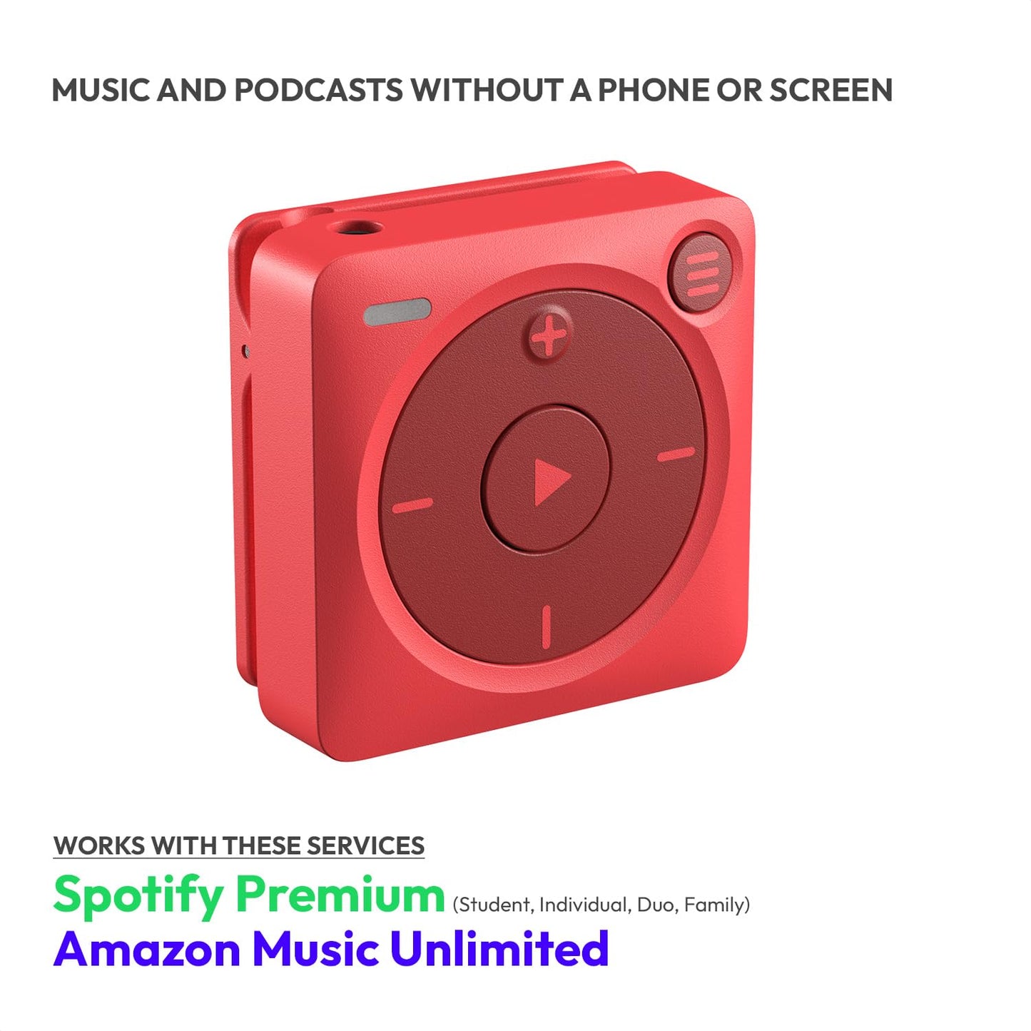 Mighty 3 Spotify & Amazon Music Player (2026 Edition) – Portable, Screen-Free, Works Offline – Compatible with Bluetooth & Wired Headphones – Stores 1,000+ Songs – No Phone Required (Red) - Medaid International