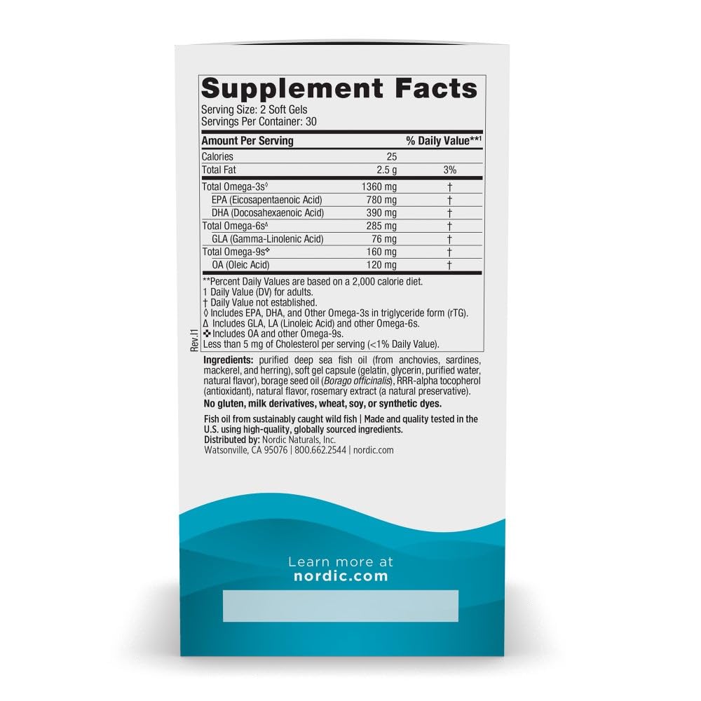 Nordic Naturals Complete Omega Xtra, Lemon - 60 Soft Gels - 1360 mg Omega-3 + 76 mg GLA - Healthy Skin - Cognition - Non-GMO - 30 Servings - Medaid International