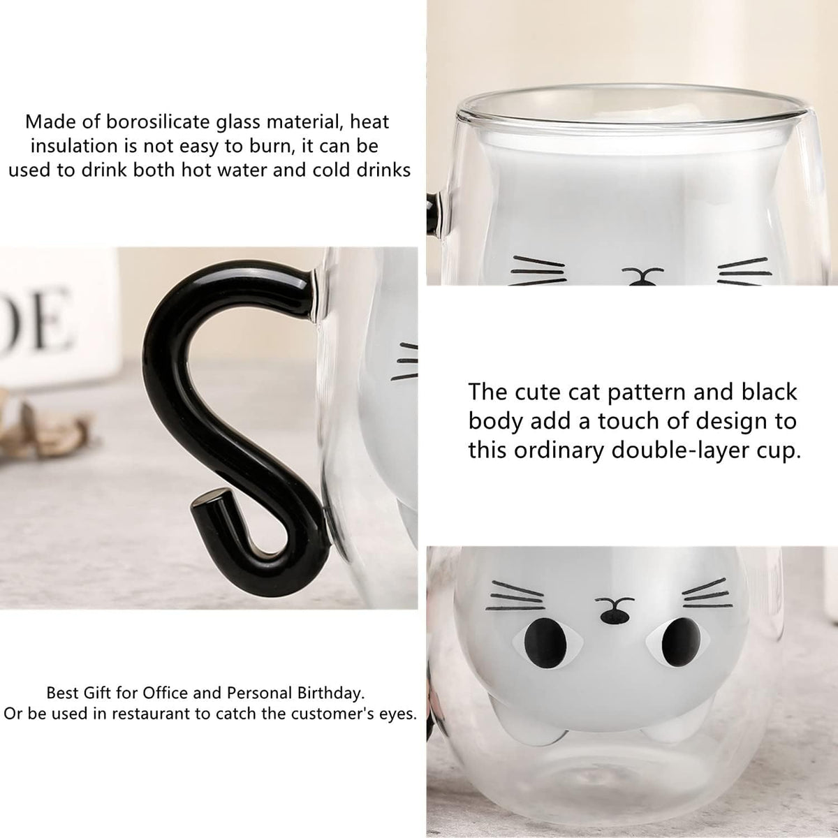 KASTWAVE Black Cat Mug Cute Mug with Handle Double Walled Coffee Mug Kawaii Cat Presents for Women Glass Mugs Tea Cup Cute Birthday Gifts Mug for Cat Lovers Birthday Present Idea