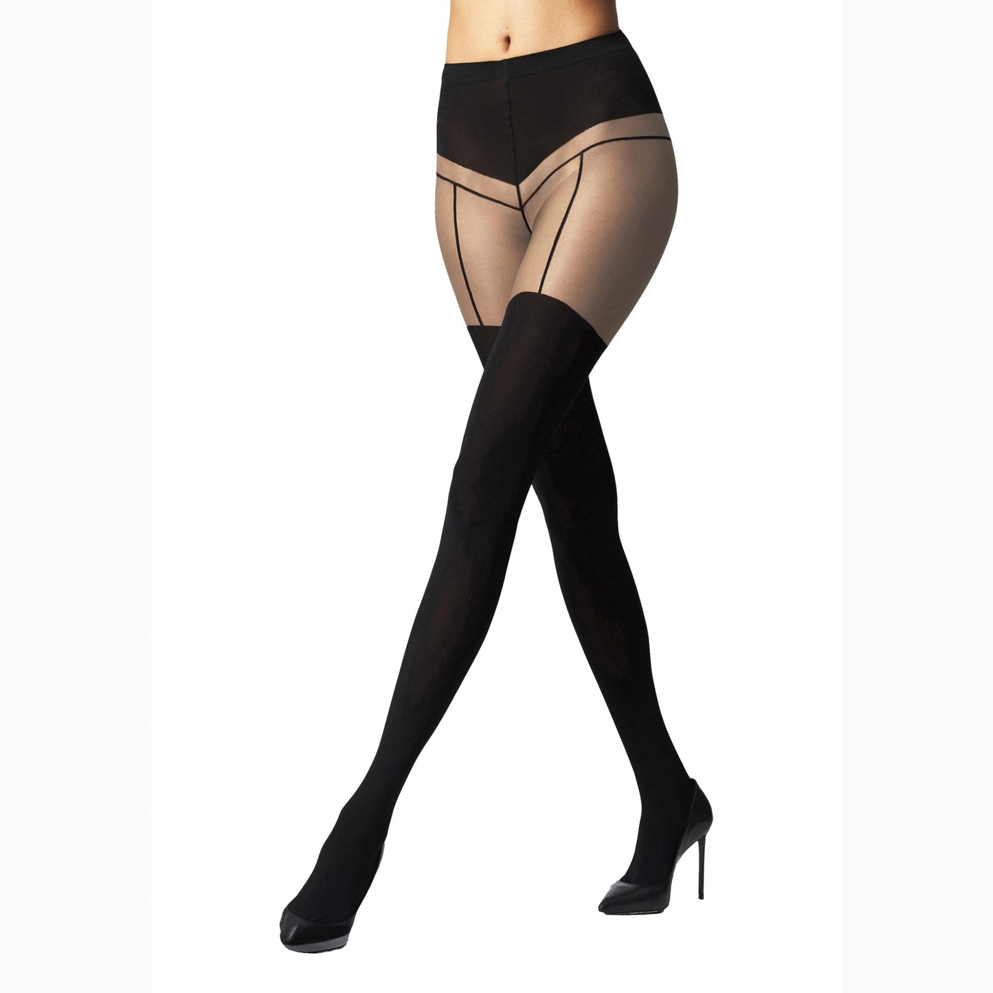 Wolford Garter Belt Tights For Women 40 Denier Sheer-Opaque Matte Pantyhose With Soft Knitted Waistband Circular Knit Design fairly light/black X-Small - Medaid International