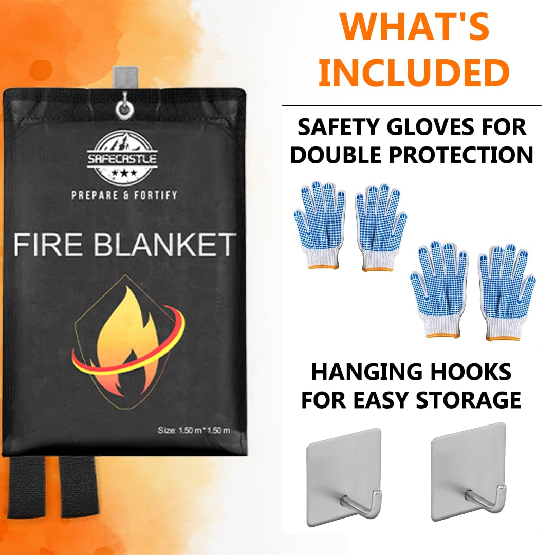 SAFECASTLE Emergency Fire Blanket 59"x59" Large Size, 2 Pack + 2 Hooks & 2 Gloves Fire Retardant Blanket with Fireproof Tabs for Home, Outdoor, Office, Car and Camping Fire Protection Survival Safety