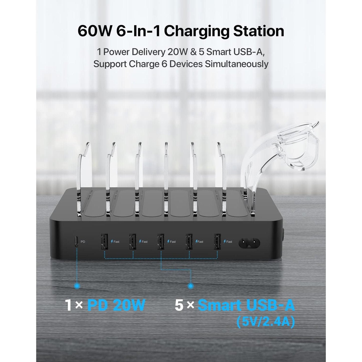 SooPii 6-Port PD Charging Station for Multiple Devices, 20W PD USB C Fast Charging for lPhone 14/13/12,6 Short Cables Included, 2 in 1 Holder,for Phones,Tablets and Others,Black - Medaid International