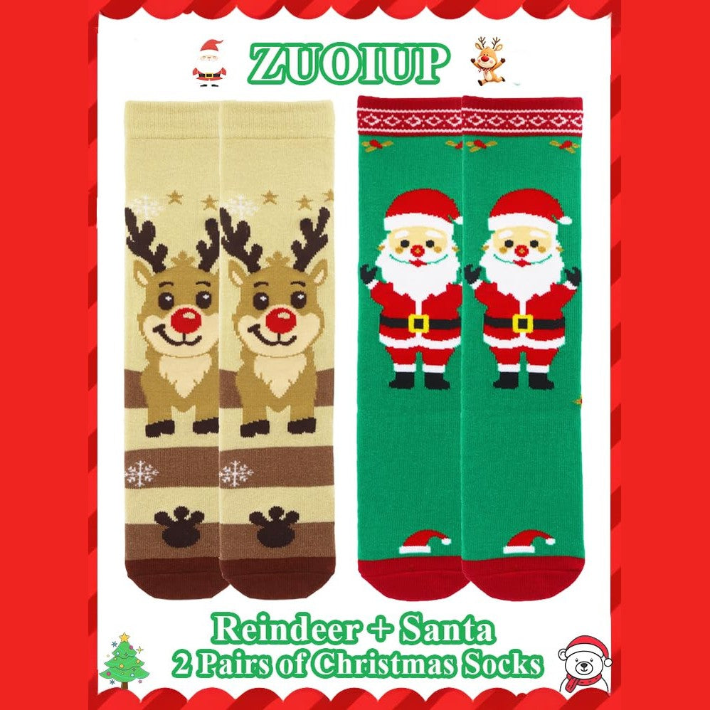 ZUOIUP Christmas Socks for Toddlers Girls Boys, 2 Pairs Knee High Xmas Kids Socks with Santa and Reindeer for Christmas Day for Unisex Toddler (Green+Brown,1-3 Y) - Medaid International