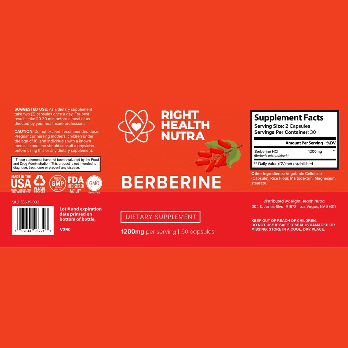 Right Health Nutra - Berberine 1200mg - 60 Capsules - Pure, Natural Support for Fighting Free Radicals, Boost Immunity & Balance Microbiome - Vegan & Natural Berberine Capsules - Medaid International
