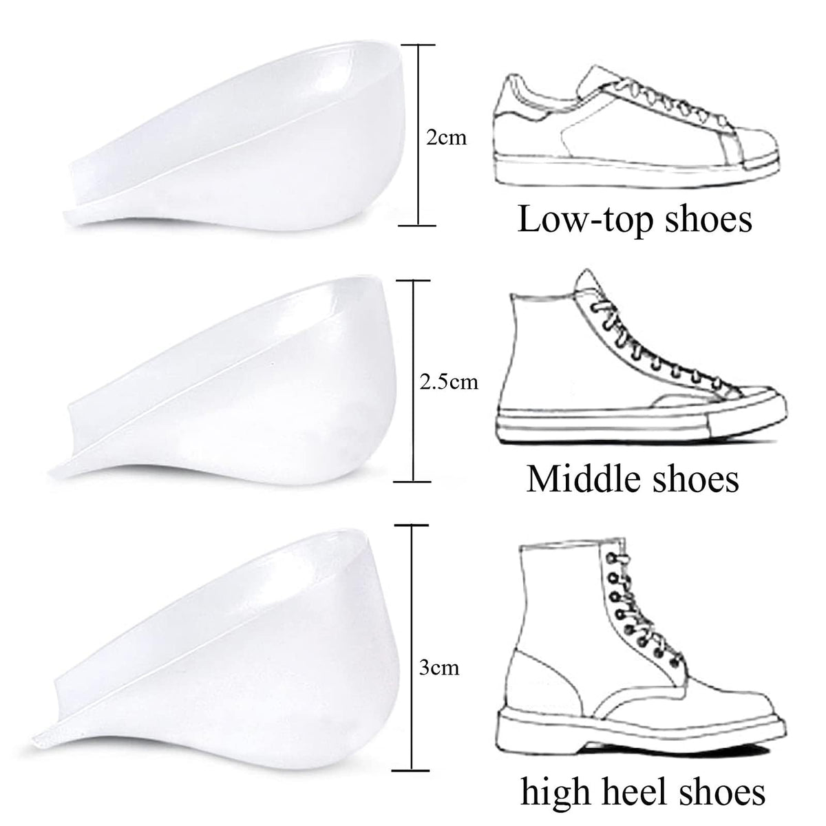 TERRIFI Silicone Heel Lift Insoles 3 Pairs, Unisex Height Increase Inserts for Men and Women, Soft Gel Shoe Heel Pads for Daily Wear, White