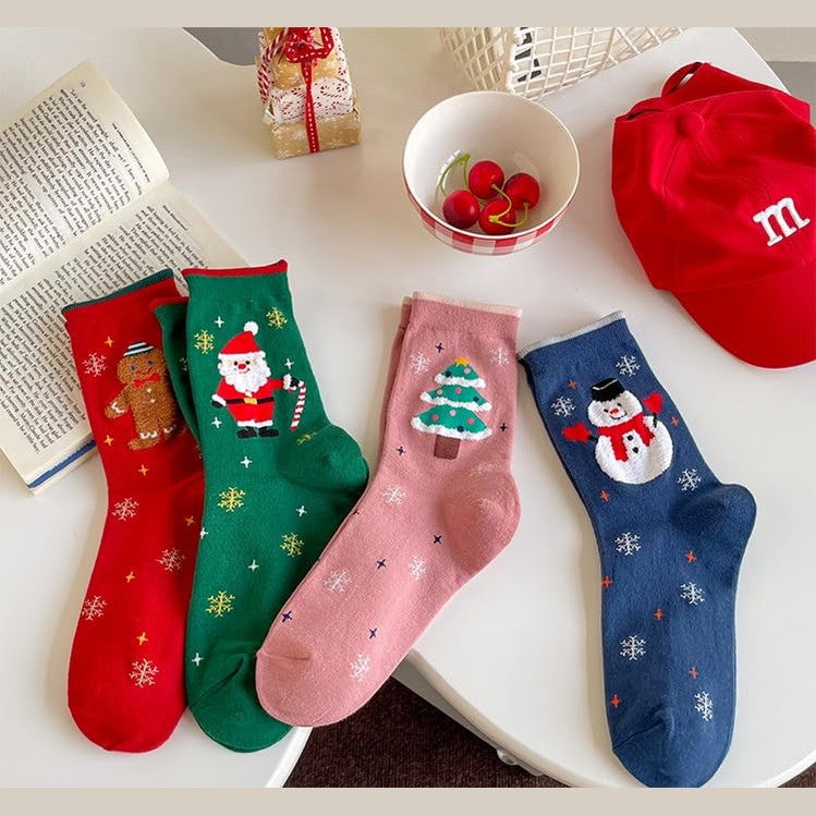 Christmas Themed Mid-Calf Socks – Winter Holiday Cartoon Santa, Snowman, Gingerbread for Women OneSize US 5-10 Sock 4-Sets 12 - Medaid International