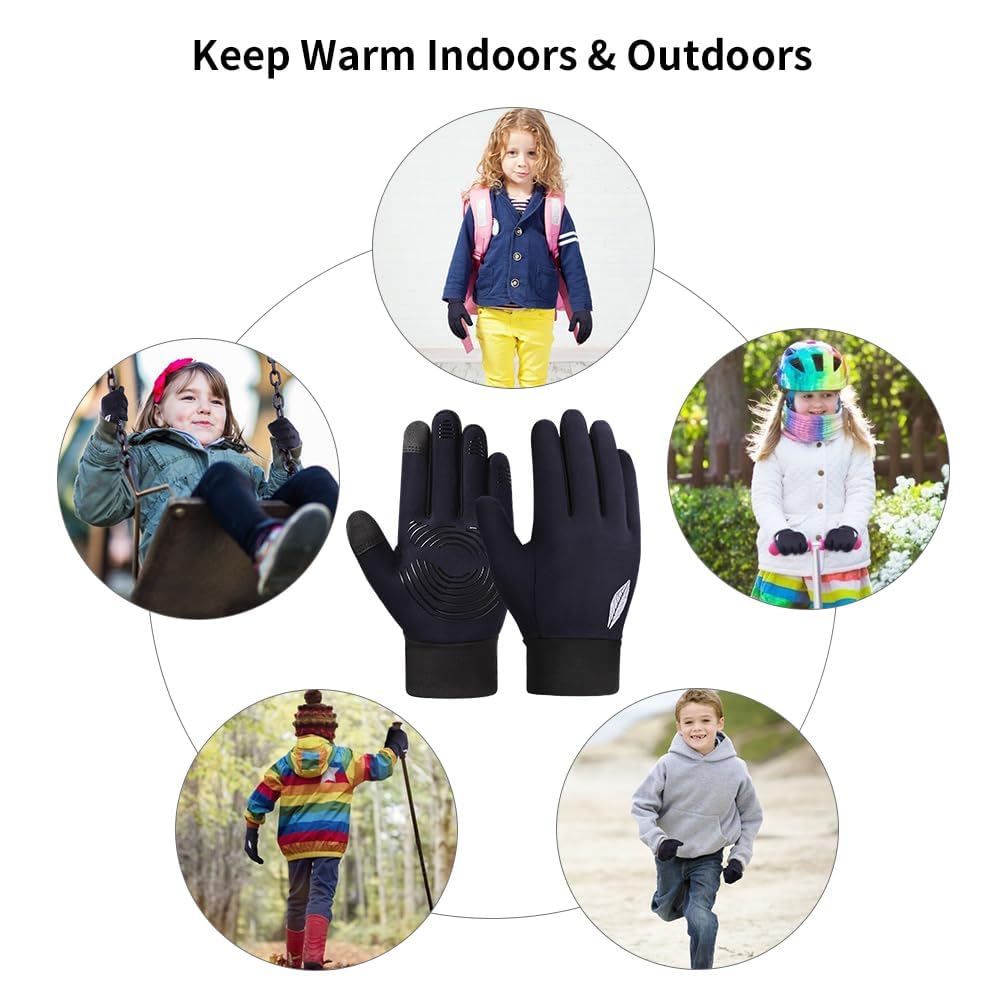 TERRIFI Kids Winter Touch Screen Gloves, Reflective Warm Cycling Gloves for Cold Weather, Outdoor Sports Mittens for Boys and Girls 8-10, Waterproof and Suitable for Biking, Running, Skiing, Black