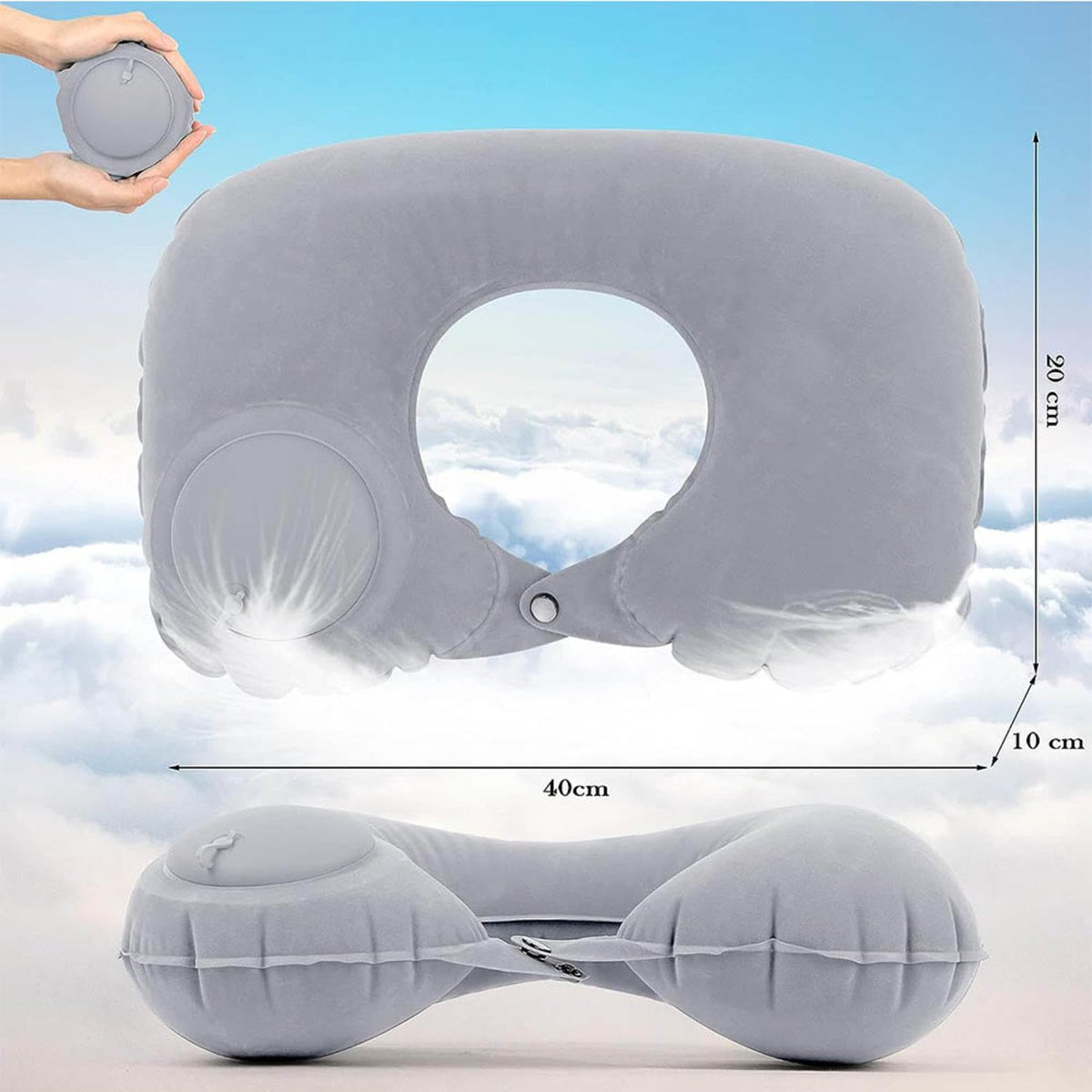 KASTWAVE Neck Support Travel Pillow, Portable Self-Inflatable Travel Pillow, Ultra Comfortable Mulberry Silk Fabric Neck Pillows for Travel, Travel Pillows for Sleeping Airplane, Grey