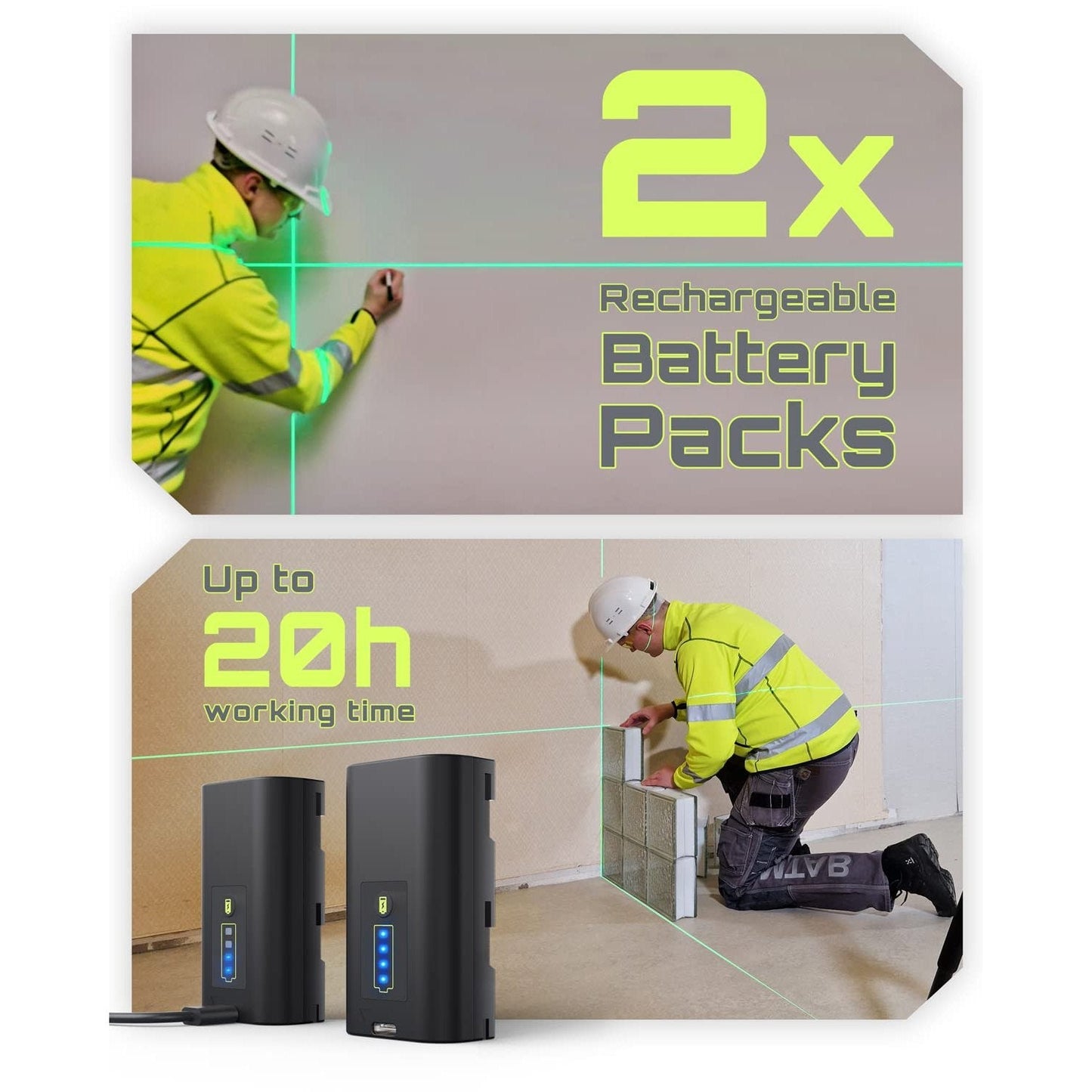 LasGoo LG-3D Laser Level Self Leveling 3x360°, 3D Green Beam Cross Line Laser for Construction and Picture Hanging, 2 Rechargeable Batteries (20 Hrs), Magnetic Liftable Stand Included, Green - Medaid International