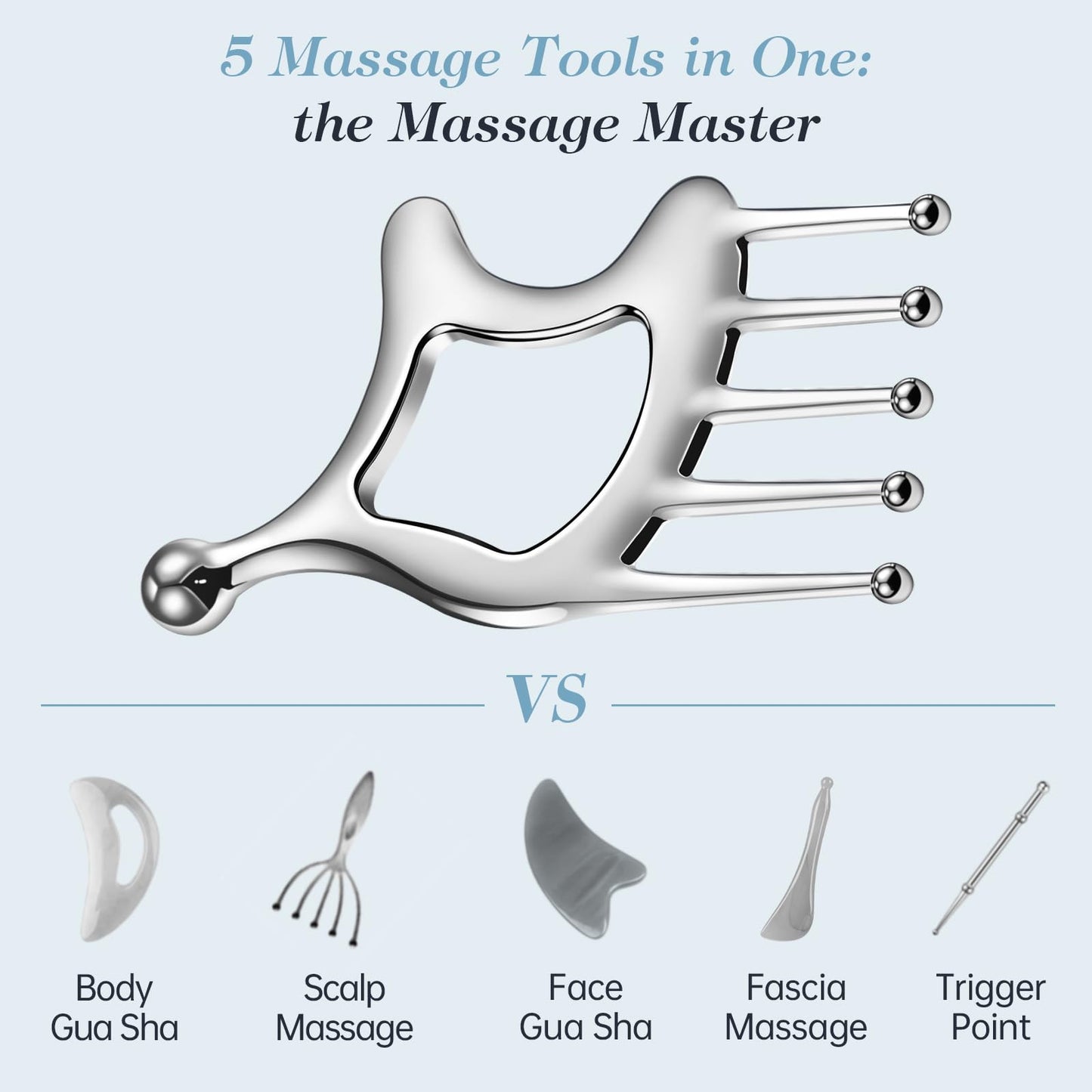 Metal Gua Sha Facial Tools, Portable Scalp Massage Tool, 5 in 1 Massage Comb for Head, Neck, Shoulders, Legs & Arms Hand Held Head Massager for Deep Relaxation and Relieving Fatigue & Pain, Home SPA - Medaid International