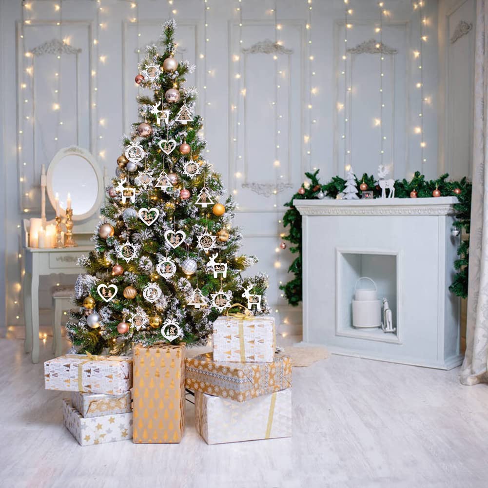 IDATOO Christmas Tree Ornaments Set of 24 Wooden Craved Hanging Craft Decorations for Winter Wonderland, 3D Rustic Farmhouse Christmas Ornaments Holiday Decor for Christmas Tree Home Office (White) - Medaid International