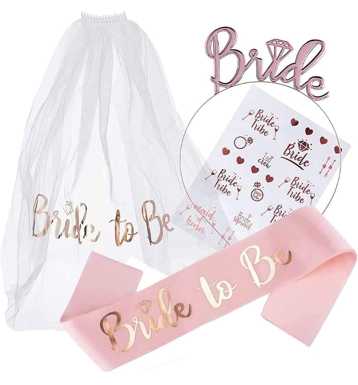 KASTWAVE Bride to Be Decoration Set, Bride Sash, Headband Tiara, Bride Veil with Comb, Rhinestone Tiara, Pre-Strung Banner, Bride to Be Gifts Decorations Wedding (Gold)