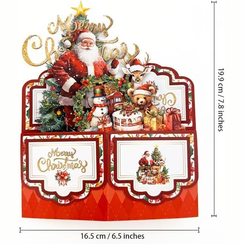Vintage 4-Layer Christmas Greeting Card with Santa Claus, Reindeer & Tree Design - Paper Holiday Card with Envelope, Festive Holiday Party Invitation for Friends & Family - Medaid International