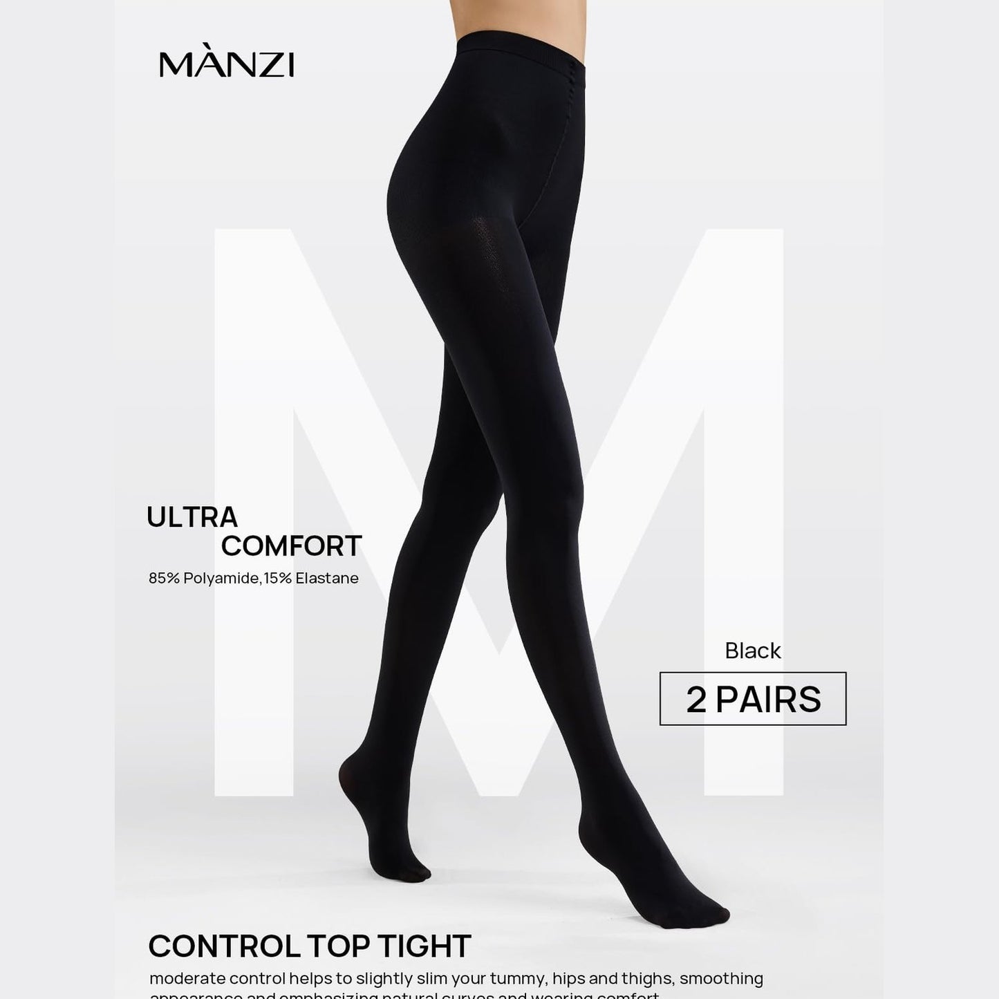 MANZI 2 Pairs Women's Opaque Control Top Tights Comfort Stretch 70 Denier Pantyhose Black Small - Medaid International