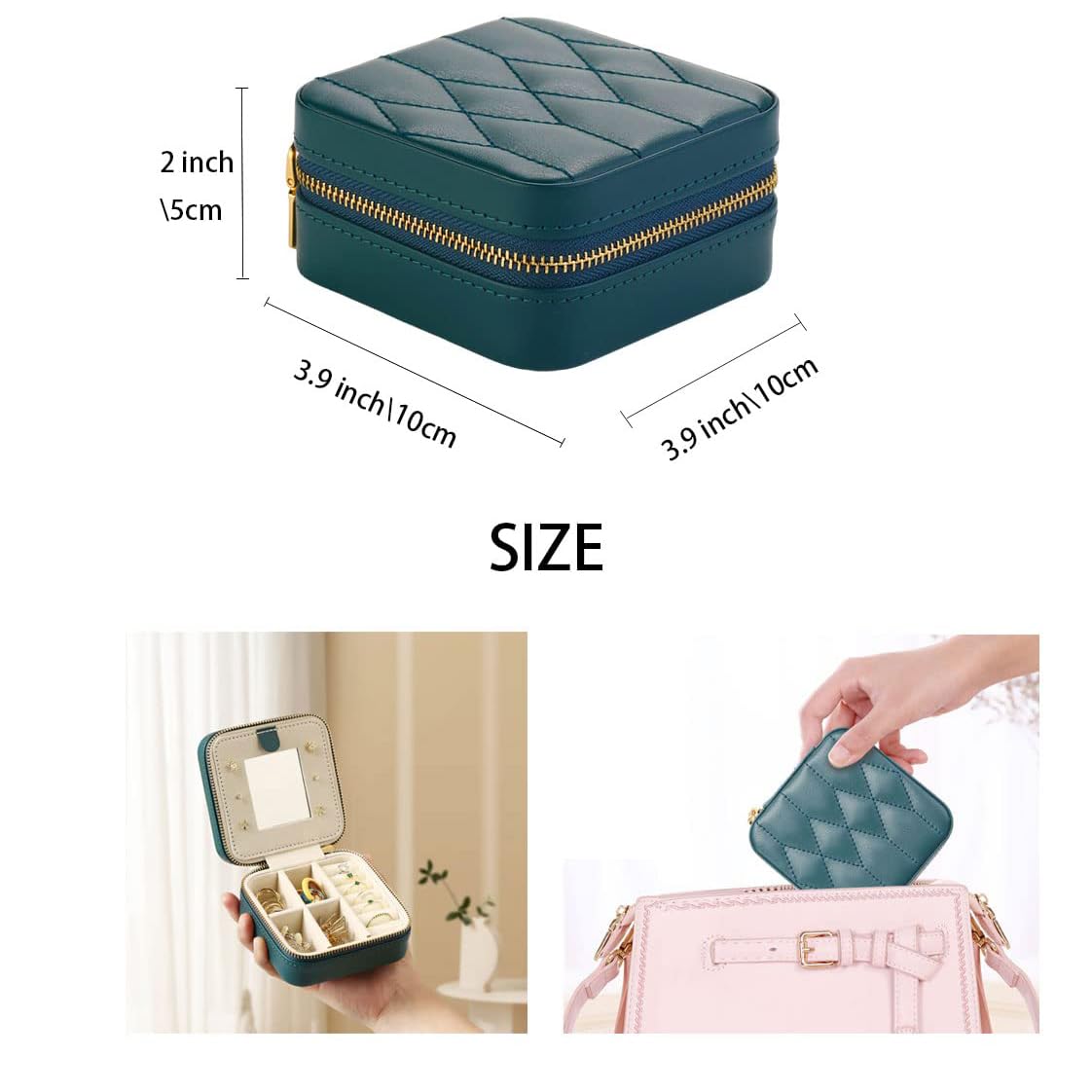 TERRIFI Small Travel Jewelry Box Organizer, Travel Jewelry Case with Mirror, for Rings, Earrings, Pendants, Watches, Necklaces, Lipsticks Organizer Storage Holder Case (Deep Green)