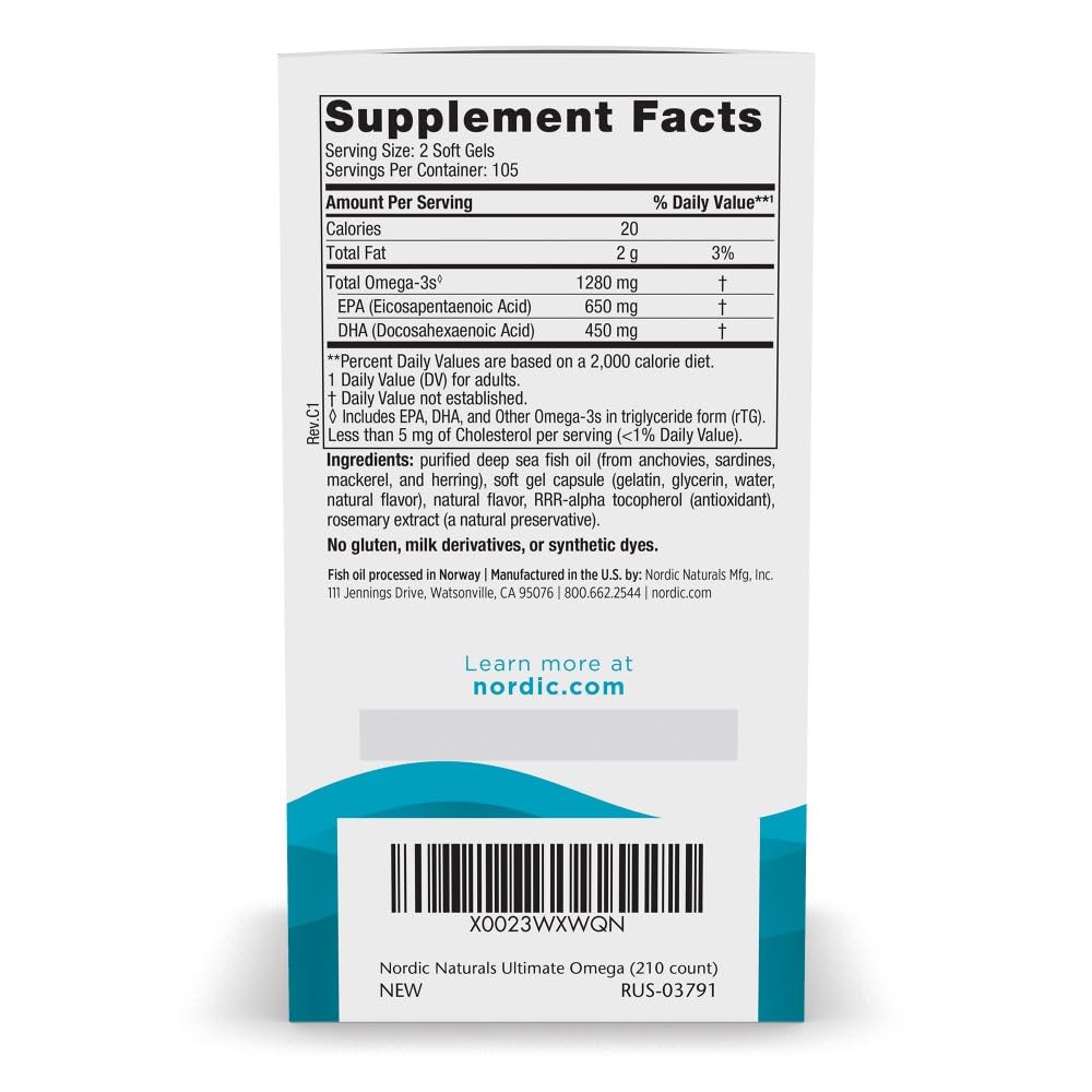 Nordic Naturals Ultimate Omega, Lemon Flavor - 210 Soft Gels - 1280 mg Omega-3 - High-Potency Fish Oil with EPA & DHA - Promotes Brain & Heart Health - Non-GMO - 105 Servings - Medaid International