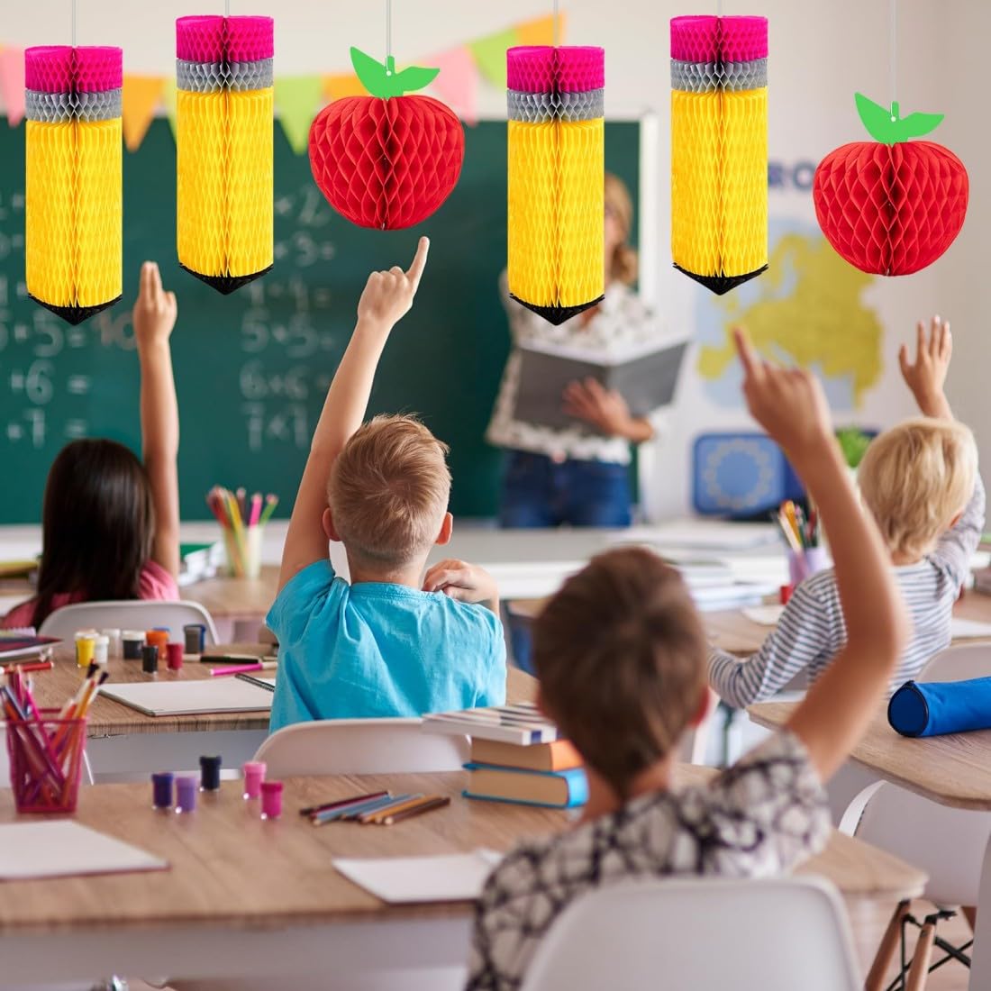 TERRIFI 16Pcs Back to School Classroom Decorations – Pencil & Apple Shaped Hanging Honeycomb Ornaments for Teacher Appreciation Week, First Day of School, Nursery, Primary