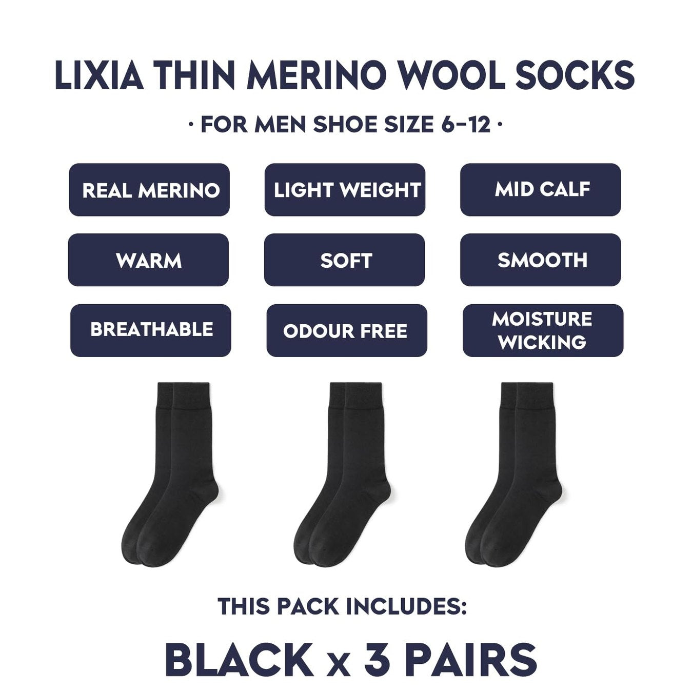 LIXIA Men's Thin Merino Wool Socks, Cozy Casual Winter Warm Breathable Mid-calf Dress Socks(3 Pairs - Black) - Medaid International