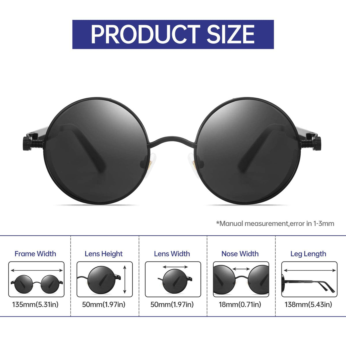 KASTWAVE Men Sunglasses, Steampunk Polarized Sunglasses For Men Professional Full UV400 Protection Round Gothic Shades Style Vintage Polarized Lens Women Metal Circle Frame