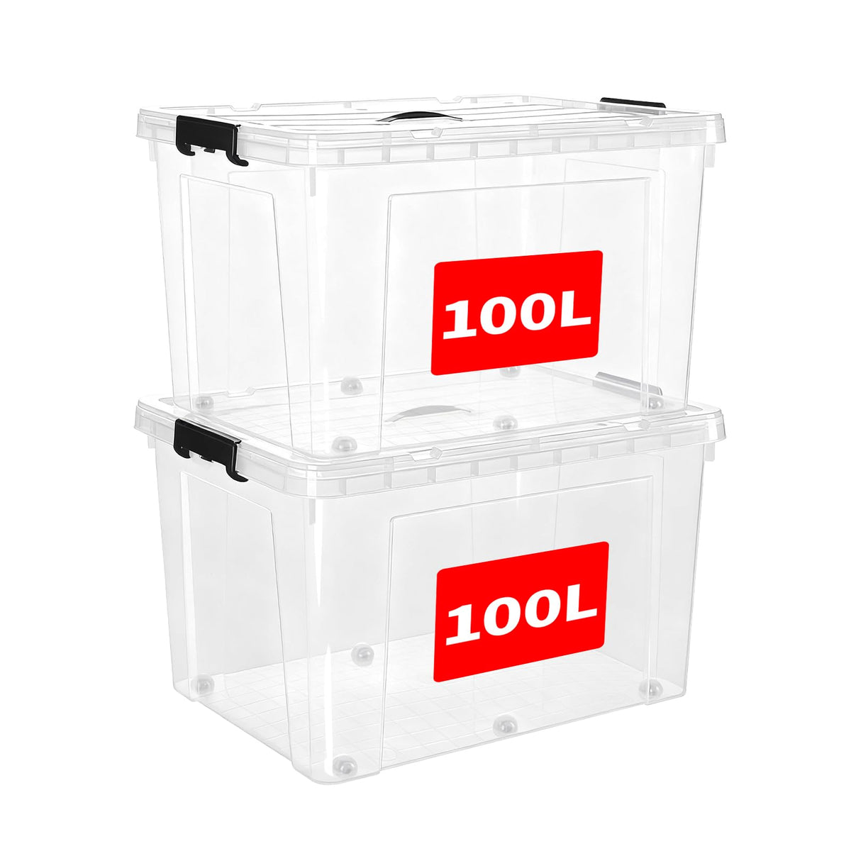 SKY-TOUCH 100 Liters Clear Plastic Storage Box with Lockable Lid & Wheels,Plastic Organizer Bin with Handles,for Storing Clothes, Toys, Tools,70x51x43cm,1pcs XL Large Size