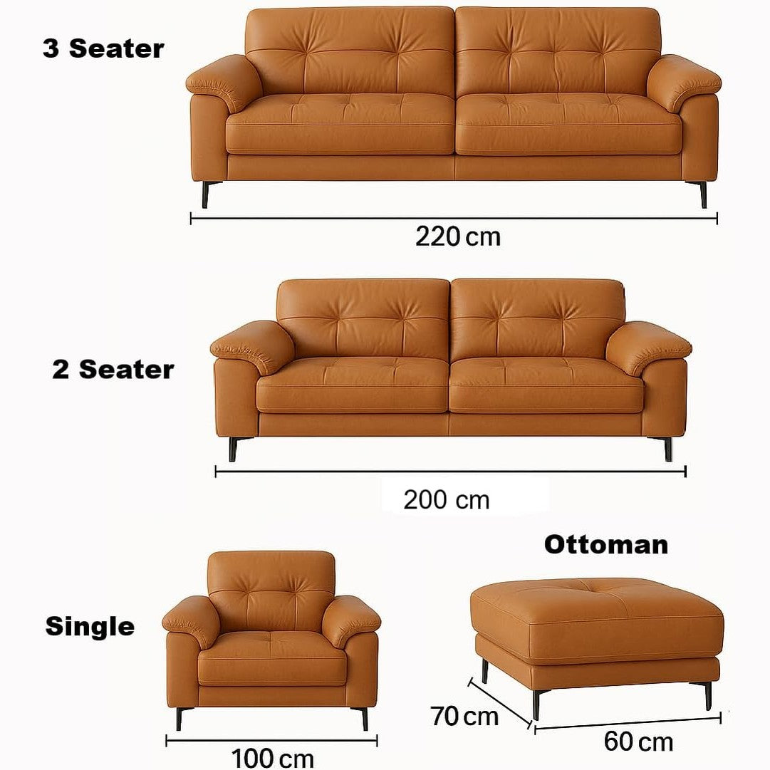 Poppins HOME Luxurious Tan Leather Sofa Set with Chaise Lounge, (2Seater+1+Ottoman) - Medaid International