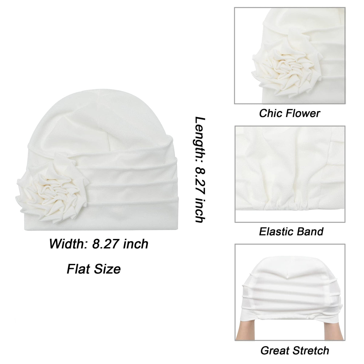 TERRIFI Women's Turban Beanie Hat with Flower - Elastic Chemo Headwear, Floral Head Wrap Cap, White