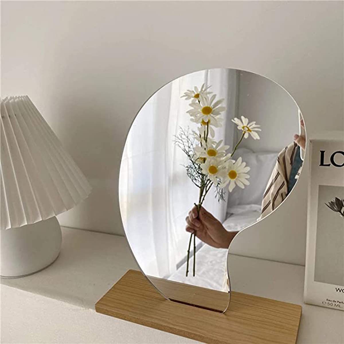 KASTWAVE Makeup Mirror Acrylic for Desk with Stand- Aesthetic Desk Decor Vanity Mirror-Frameless Table top for Bedroom, Living Room and Minimal Spaces Room Decor (Irregular)