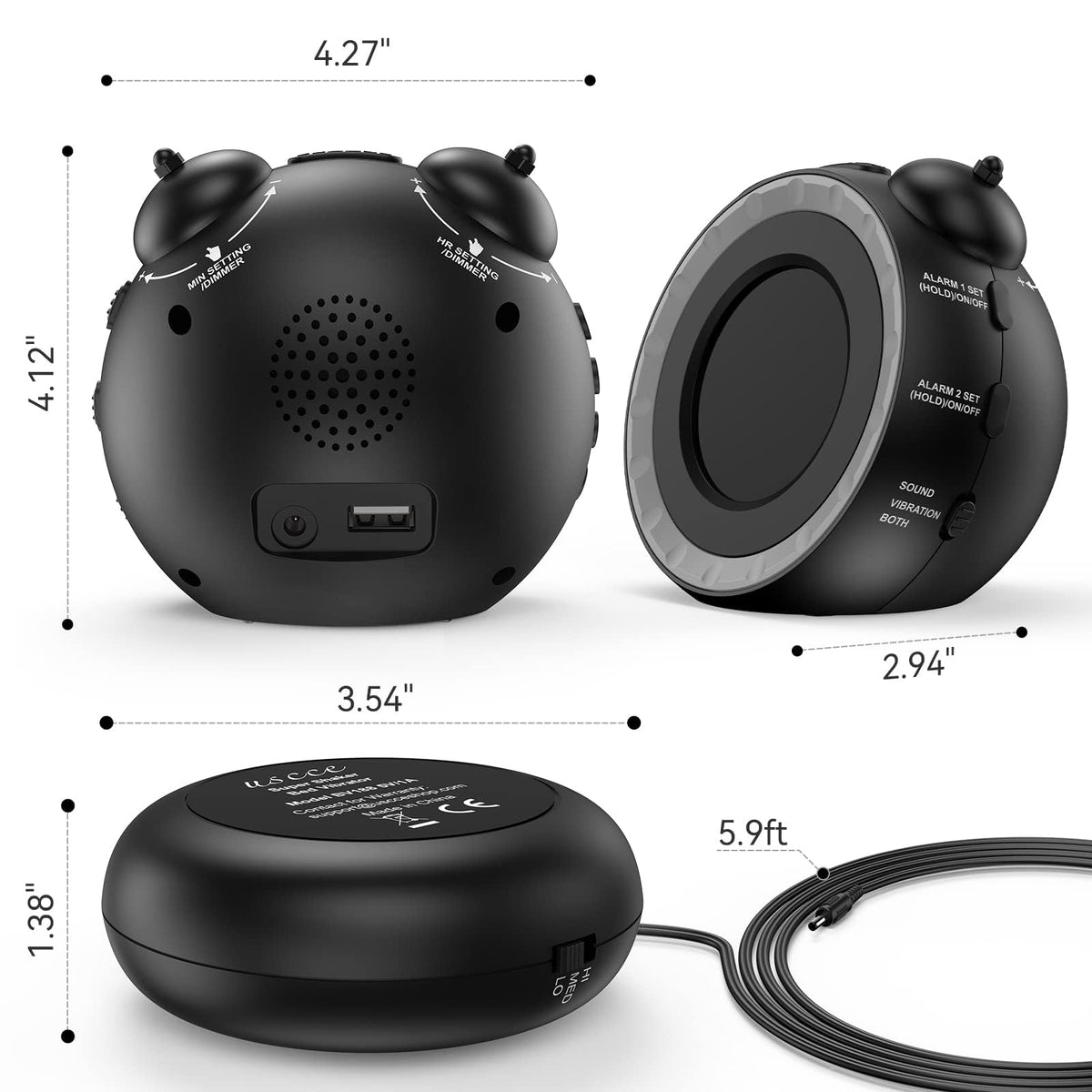 TERRIFI Loud Dual Alarm Clock with Bed Shaker, 0-100% Dimmer, Vibrating Alarm for Heavy Sleepers or Hearing Impaired, Easy to Set with USB Charging Port, Snooze Function, and Battery Backup