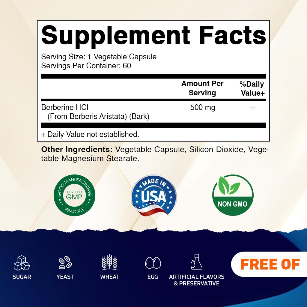 Vitamatic Berberine Supplement 500mg - 60 Vegetable Capsules - Made in The USA - Gluten Free - Non-GMO (1 Bottle) - Medaid International