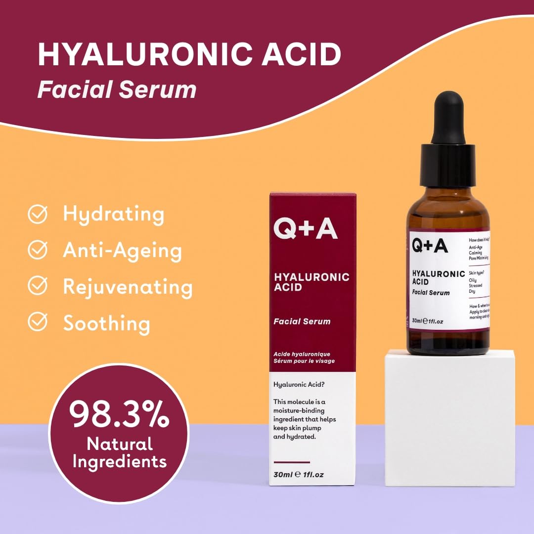 Q+A Hyaluronic Acid Facial Serum (30ml), Natural Hydrating Face Serum, for Plump Skin, Anti Ageing, Fragrance Free, Delivers Deep, Lasting Hydration, Rehydrates and Softens the Skin - Medaid International