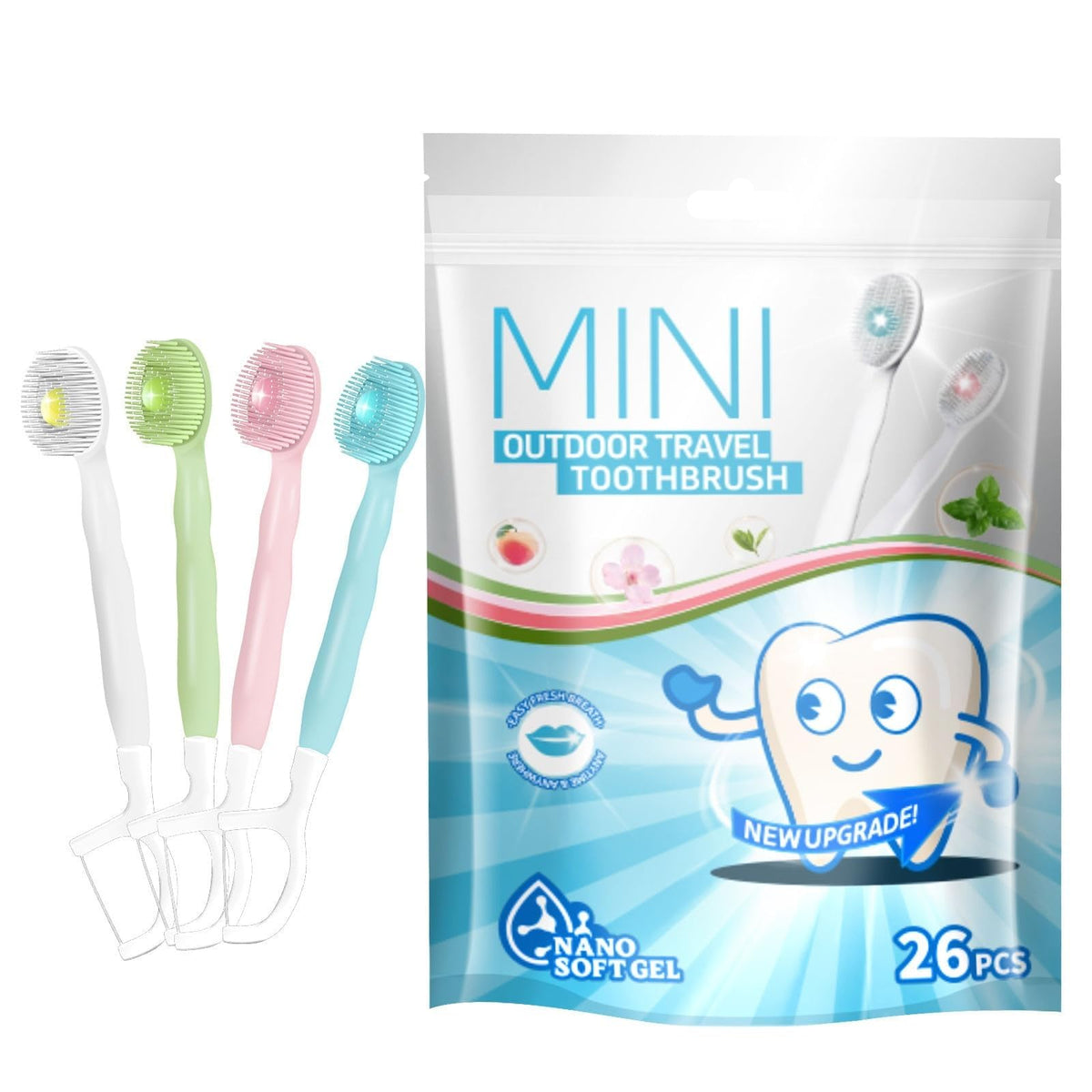 KASTWAVE 26 Pcs 5-in-1 Travel Toothbrush Set, Complete Oral Care All in One Toothbrush, Include Toothpaste, Tongue Cleaner, Dental Floss and Picks, for Travel, Individually Wrapped (Mint Flavor)