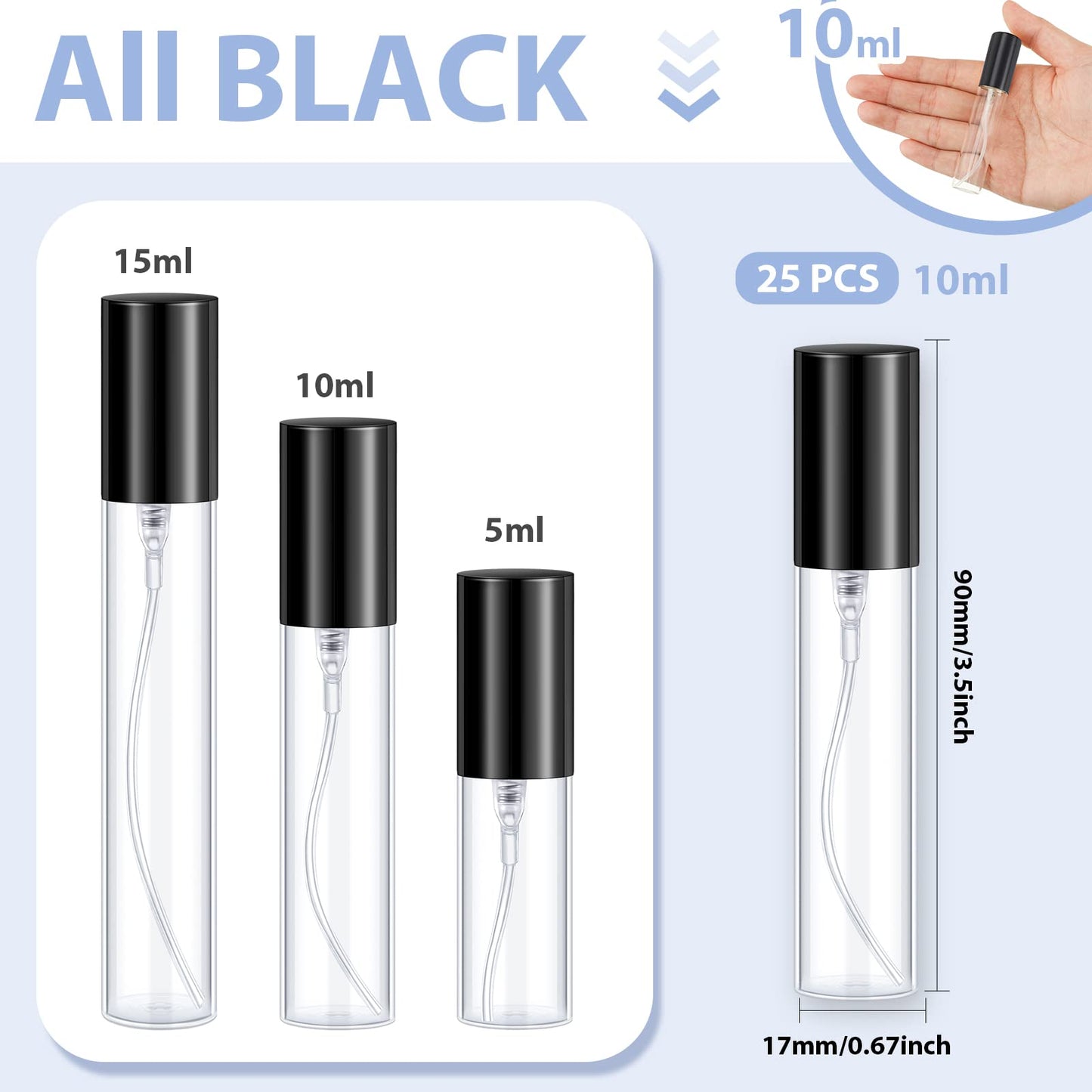 Yinder 25 Pcs 10 ml Glass Refillable Perfume Bottles Bulk Travel Empty Perfume Atomizer Sprayers Portable Spray Bottles Mini Sample Fragrance Containers, Black - Medaid International