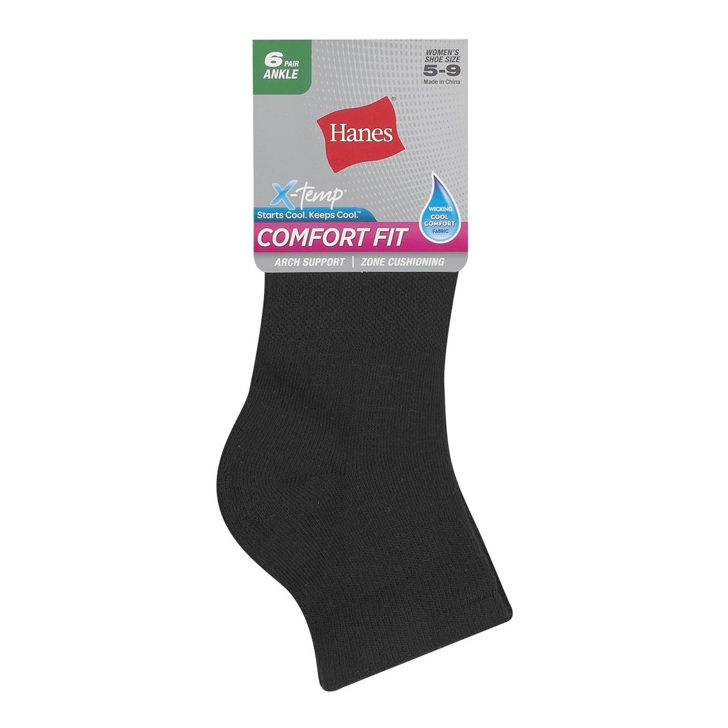Hanes womens 6-pair Comfort Fit Ankle athletic socks, Black, 5-9 US - Medaid International