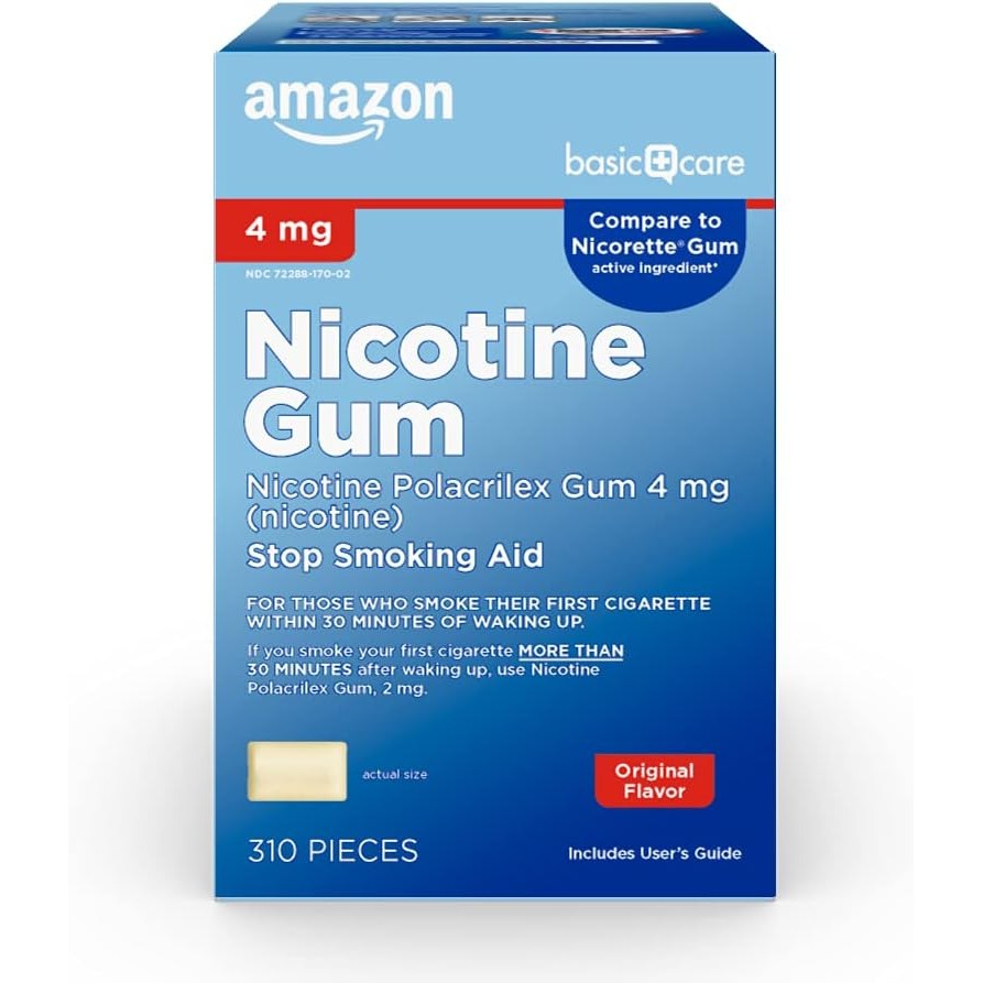 Amazon Basic Care Uncoated Nicotine Polacrilex Gum 4 mg, Original Flavor, Stop Smoking Aid, Quit Smoking, Nicotine Replacement, 220 Count