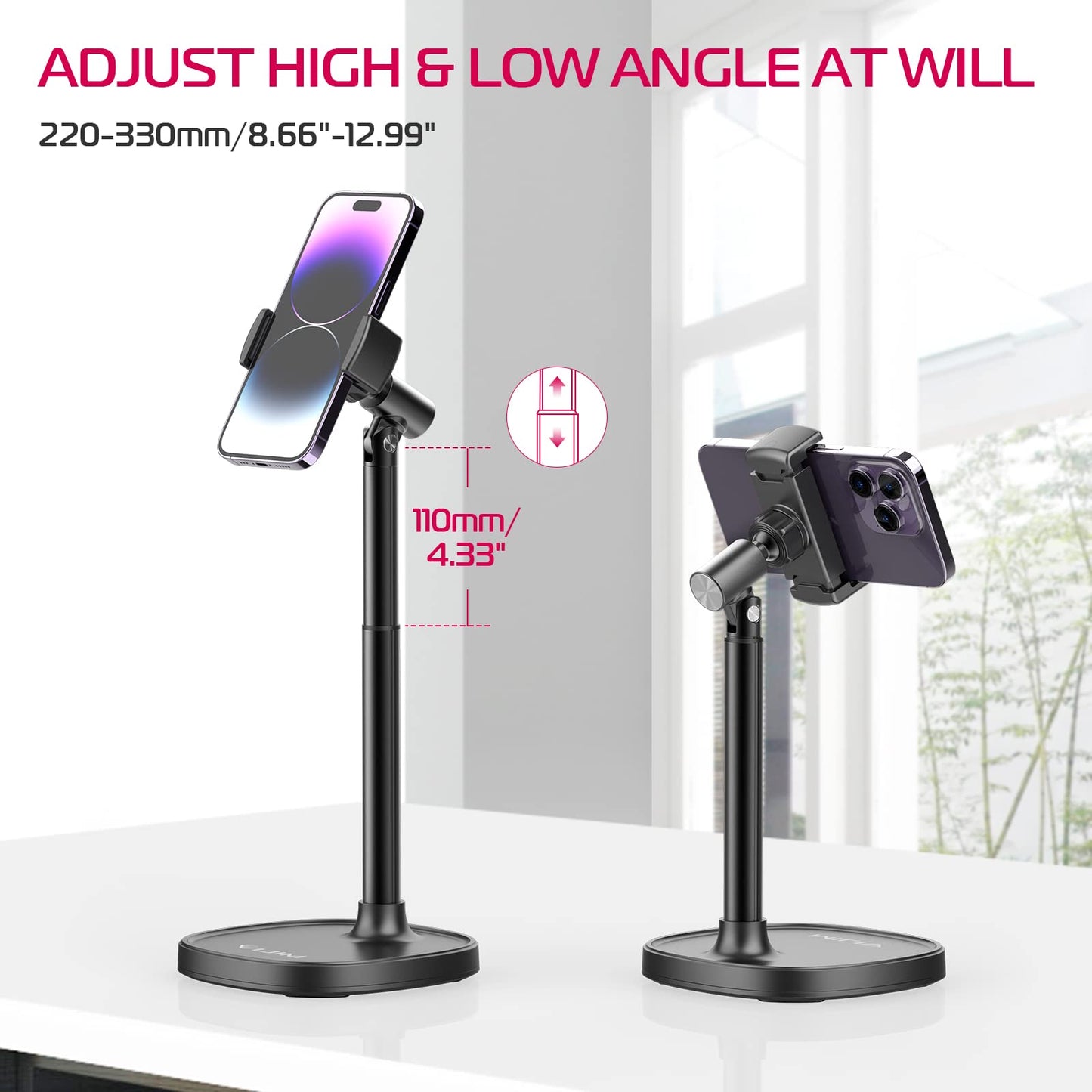 ULANZI Cell Phone Stand Mount for Desk, Vijim HP004 Adjustable Height & Angle Phone Holder, 360 Degree Rotating Desktop Phone Stand Compatible with iPhone, Samsung and All Phones - Medaid International