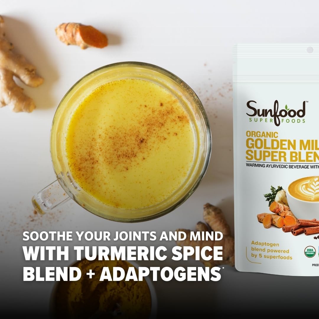 Sunfoods Golden Milk Super Blend - Superfood Golden Milk, Turmeric Powder, Superfood with Turmeric and Ginger, Black Pepper, Cinnamon & Cardamom, Turmeric Latte Powder, Vegan, USDA Organic - 6 oz - Medaid International