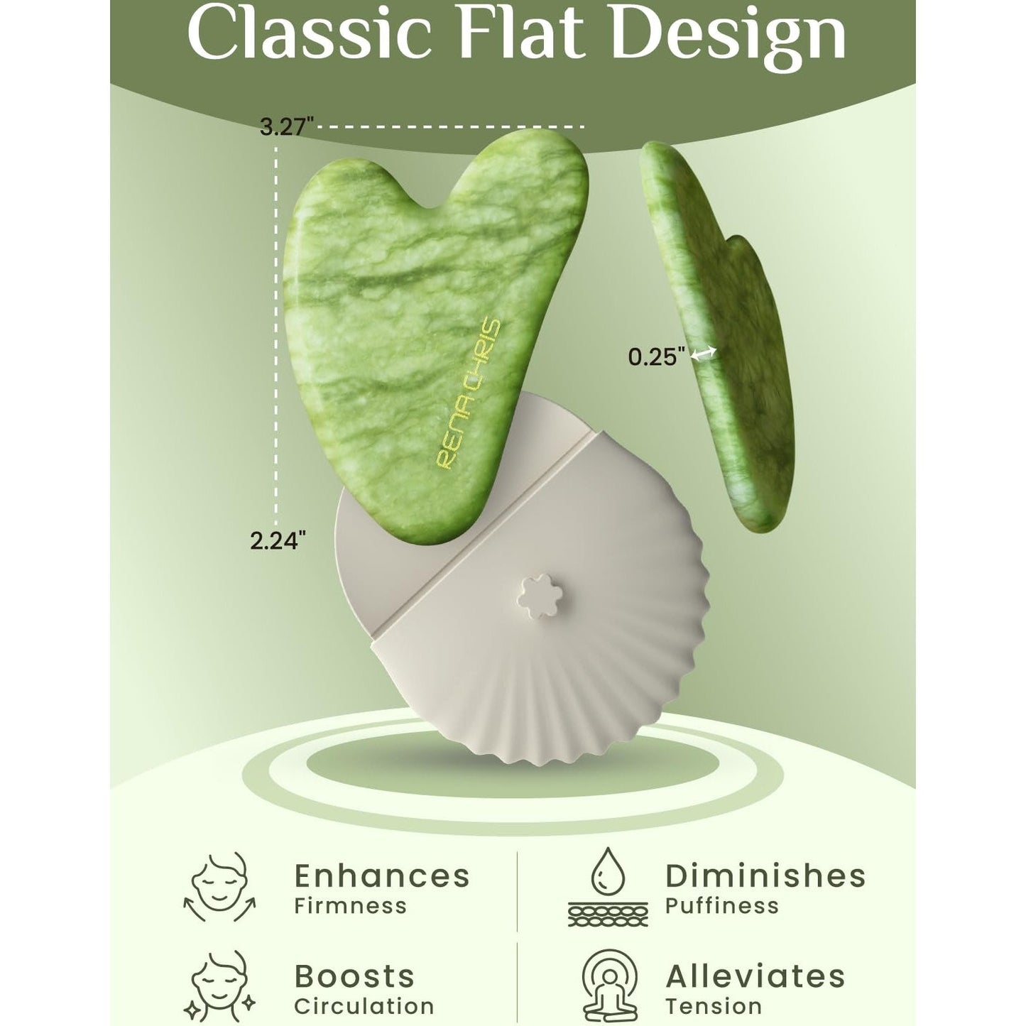 Rena Chris Gua Sha Facial Tools, Xiuyan Jade Stone Guasha Tool for Face Massage, Manual Facial Massager Tool for Jawline Sculpting and Puffiness Reduction with Silicone Case (Green) - Medaid International