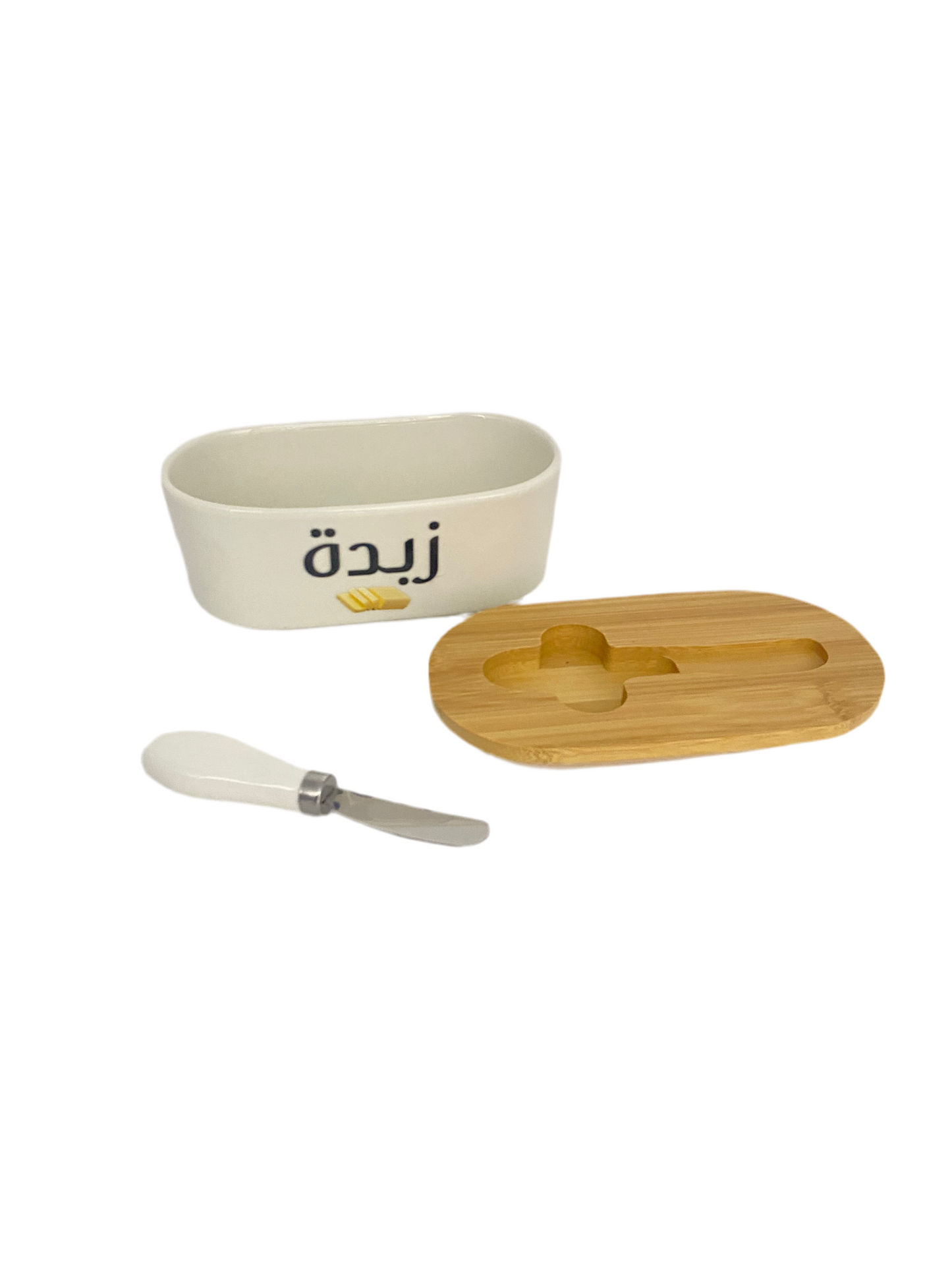 Oval Porcelain Butter /Cheese Bowl With Bamboo Lid & Knife