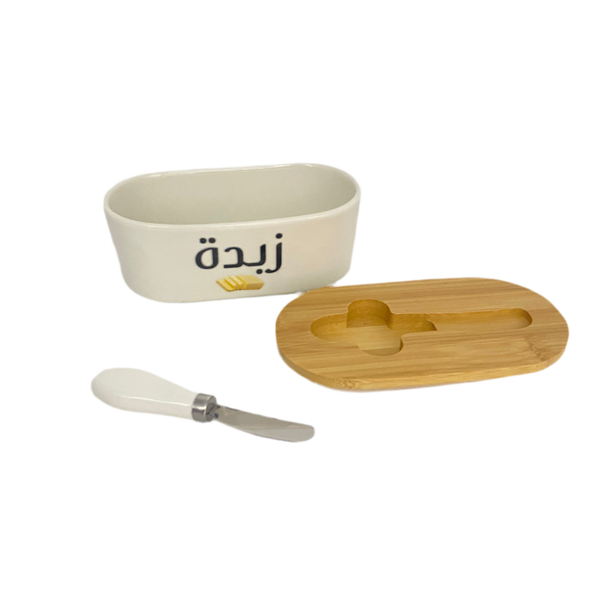 Oval Porcelain Butter /Cheese Bowl With Bamboo Lid & Knife