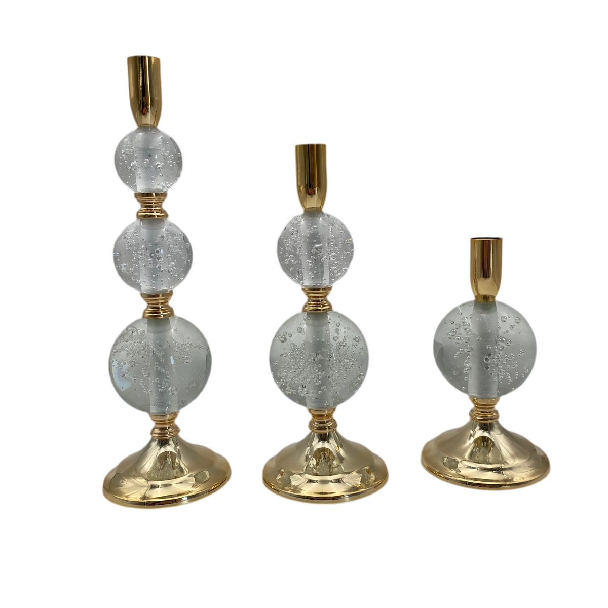 Set 3 Pcs Golden Metal Candle Holder With Crystal Ball