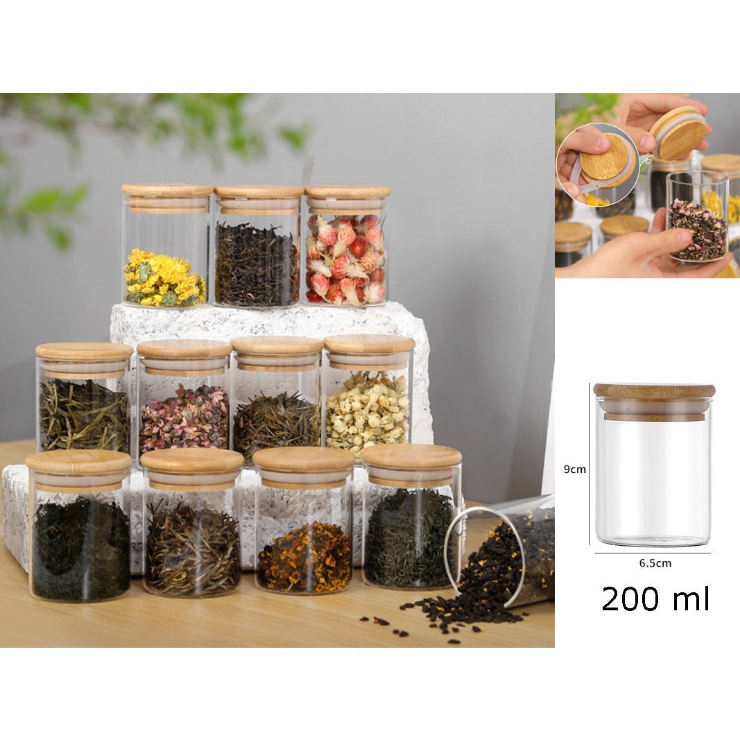 Borosilicate Glass Round Jar Wood Cover 200 ml