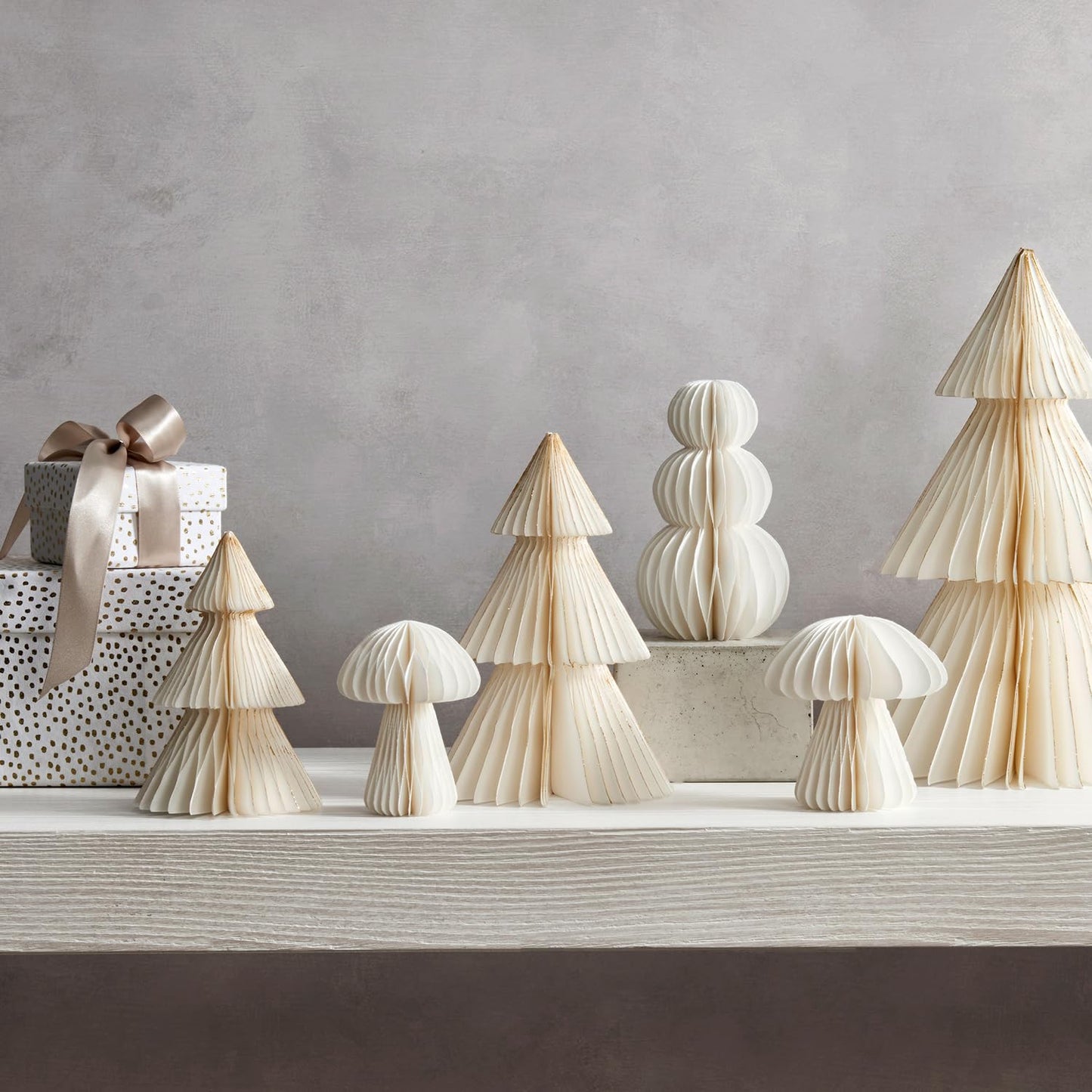 LampLust Paper Christmas Tree Decor, 2 Pack Honeycomb Paper Trees, 6 & 8 Inch, White & Gold Glitter Edge, Holiday Table Centerpieces, Christmas Table Decor, Winter Decorations - Medaid International