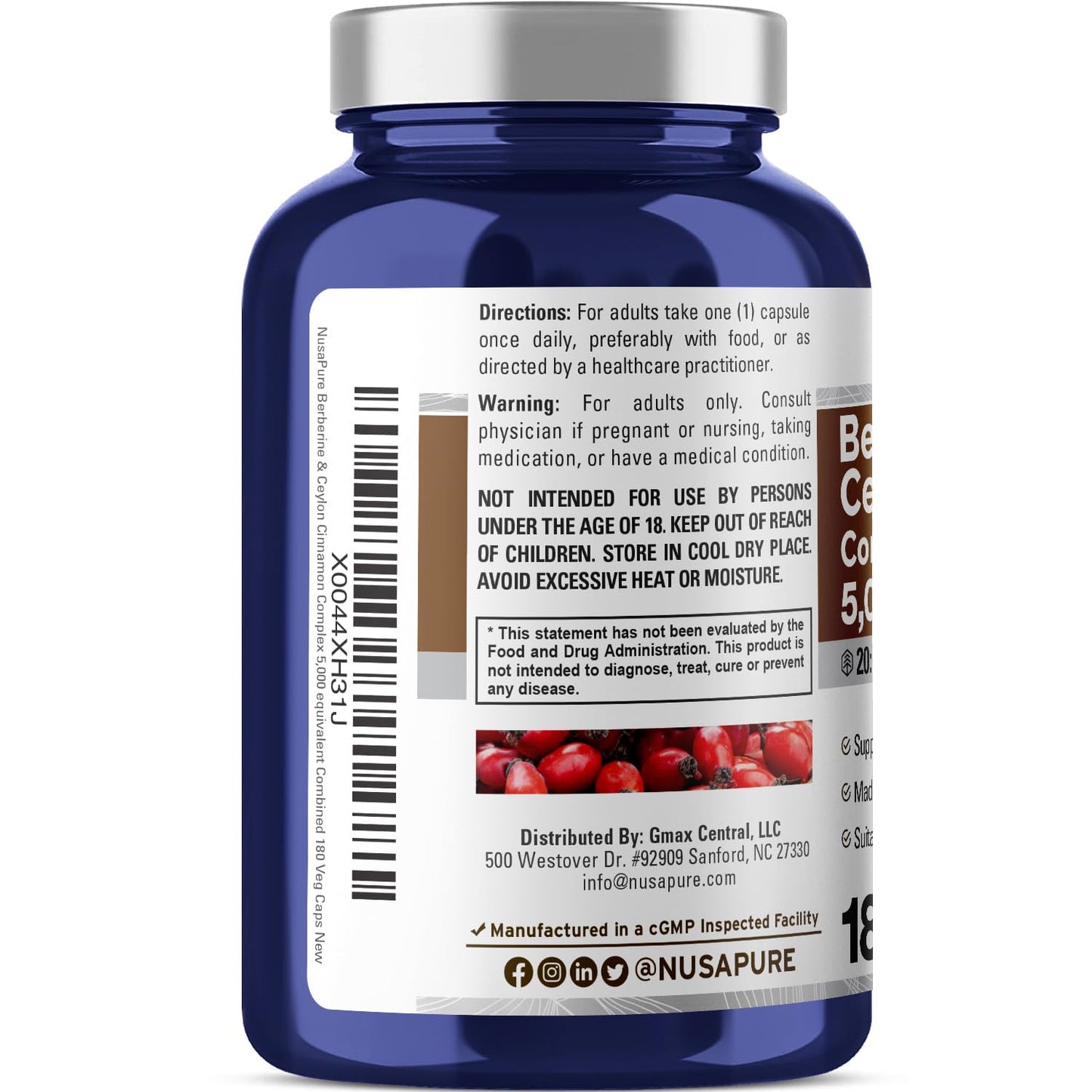NusaPure Berberine with Ceylon Cinnamon 20:1 Extract, 250 mg Equivalent to 5000mg 180 Veggie Capsules, Vegetarian, Non-GMO Supplement, (Berberine Complex) - Medaid International