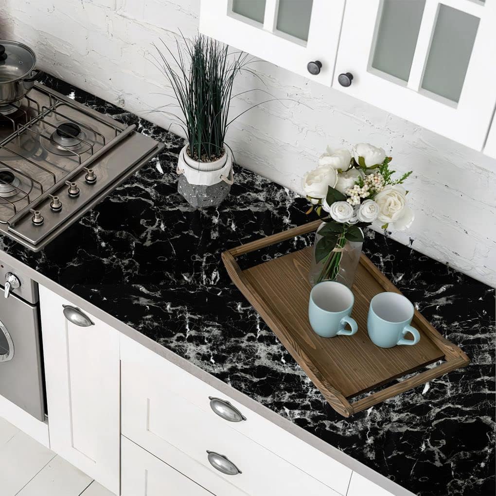 Arthome Black Marble Contact Paper, Peel and Stick Black Paper, Self Adhesive Wallpaper (Black Sliver, 15.7"x120") - Medaid International