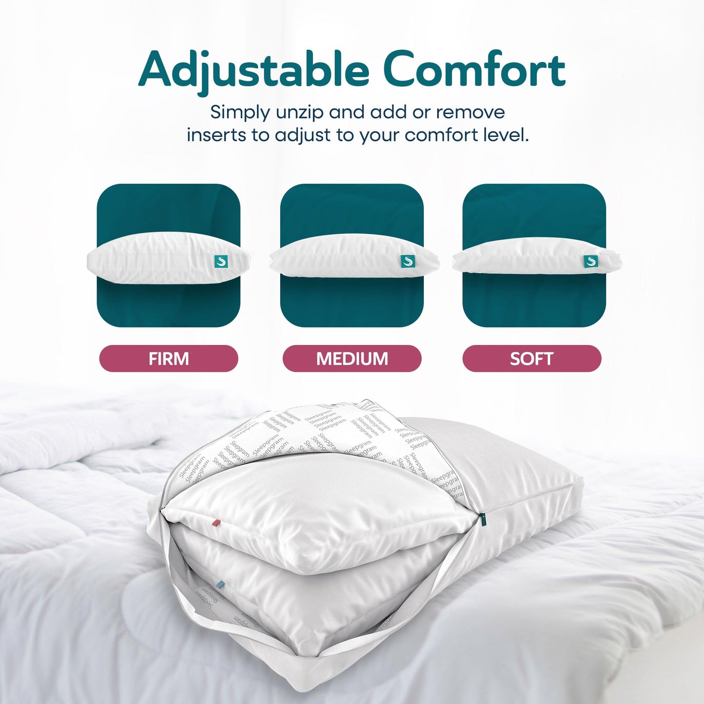 Sleepgram 2-Pack Cooling Bed Pillows & Removable Cover for Sleeping Sets, Queen Size - Adjustable and Washable Bedding Pillow Set for Comfortable Sleep - Medaid International