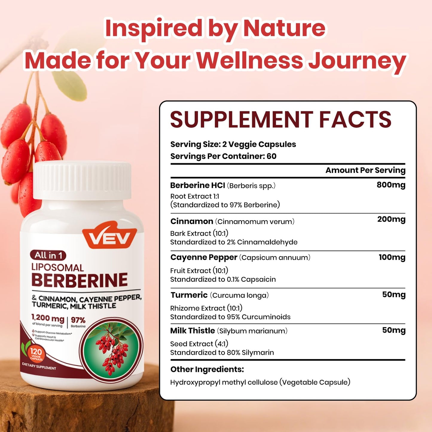 VEV Berberine Supplement with Ceylon Cinnamon, Cayenne Pepper, Turmeric, Milk Thistle, Vegan & Non-GMO – 120 Capsules - Medaid International