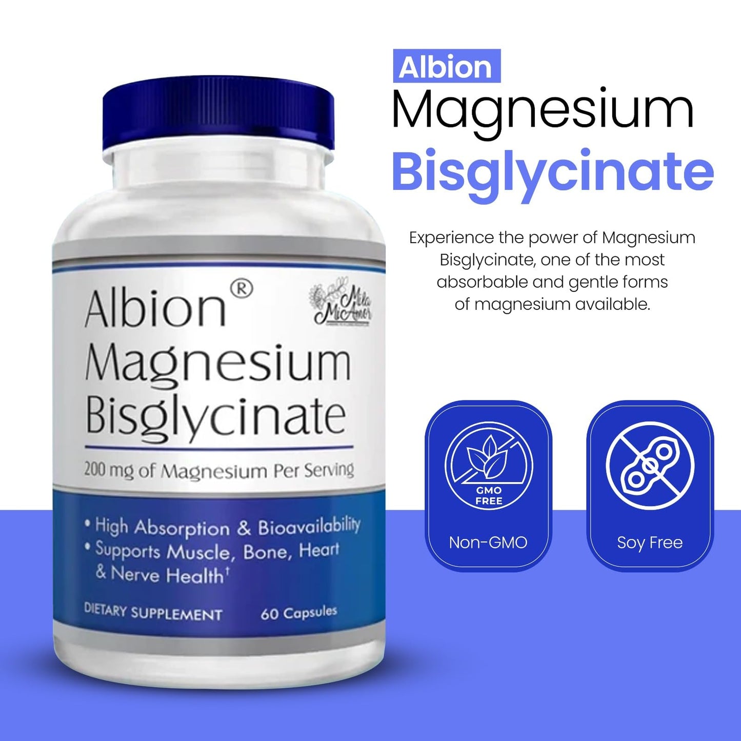 MilaMiAmor Albion® Magnesium Bisglycinate – Highly Absorbable Chelated Magnesium for Muscle, Nerve, Relaxation & Sleep Support – Gentle on Stomach, Vegan – 200mg per Serving, 60 Capsules - Medaid International