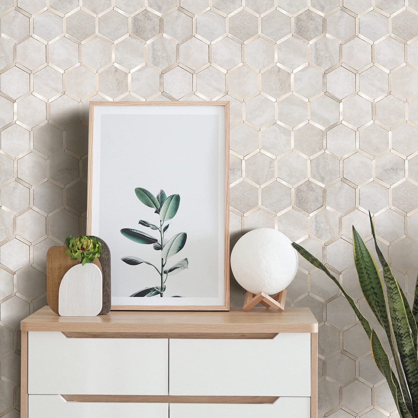 STICKGOO Hexagon Peel and Stick Backsplash Tile, Stick on Backsplash for Kitchen and Bathroom, Beige Marble Look PVC Mixed Metal Gold Self Adhesive Wall Tiles(Sample, Seamless) - Medaid International