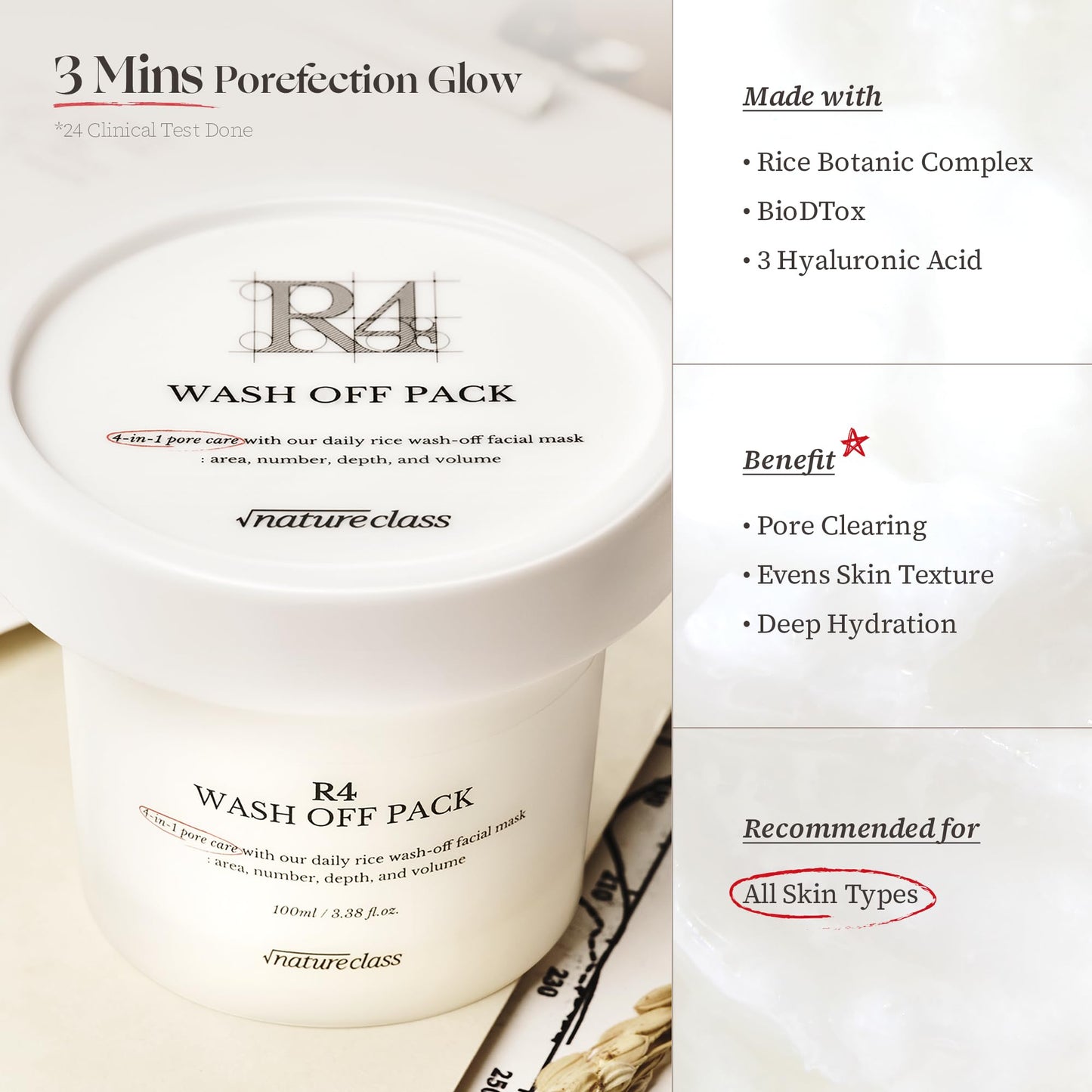 NATURECLASS R4 Rice Wash Off Facial Mask – 4-in-1 Korean Skin Care, Pore Refining, Gentle Exfoliating, Hydrating, Smooth Texture, Rice Ferment & Enzyme, Soft Cream Wash-Off, 3.38 fl oz - Medaid International